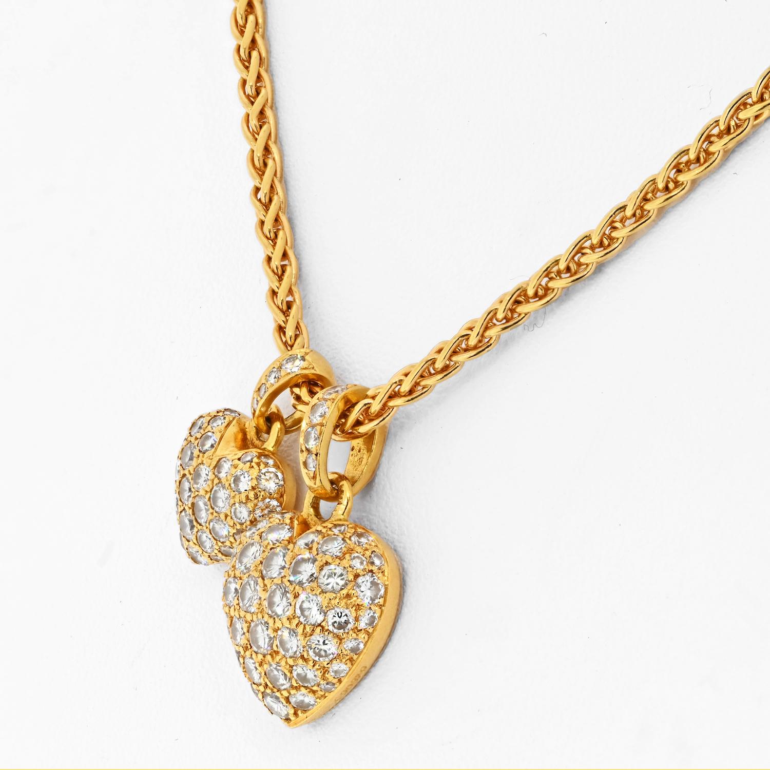 Round Cut Cartier 18K Yellow Gold Puffy Hearts Pave Round Diamond Pendant Necklace