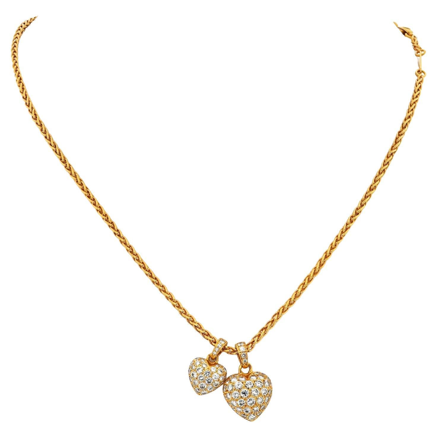 Cartier 18K Yellow Gold Puffy Hearts Pave Round Diamond Pendant Necklace