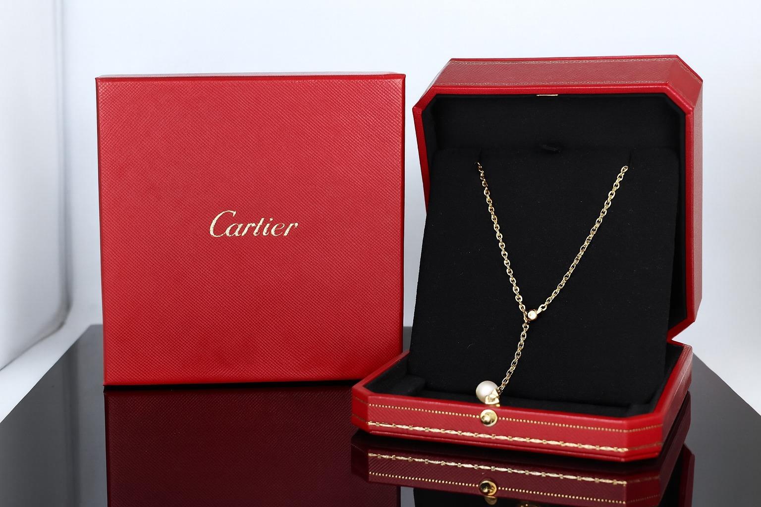 Collier Lariat en or jaune 18k avec diamants ronds et perles d'Akoya de 9mm

Collier lariat élégant et intemporel de Cartier en or jaune 18 carats, pesant 16 grammes. Le modèle présente une perle de culture Akoya de 9 mm, lustrée, associée à un
