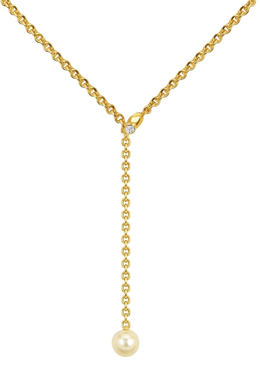 Contemporain Collier Lariat en or jaune 18k avec diamants ronds et perles d'Akoya de 9mm en vente