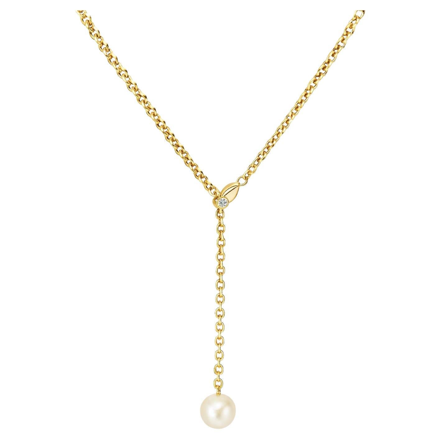 Collier Lariat en or jaune 18k avec diamants ronds et perles d'Akoya de 9mm en vente