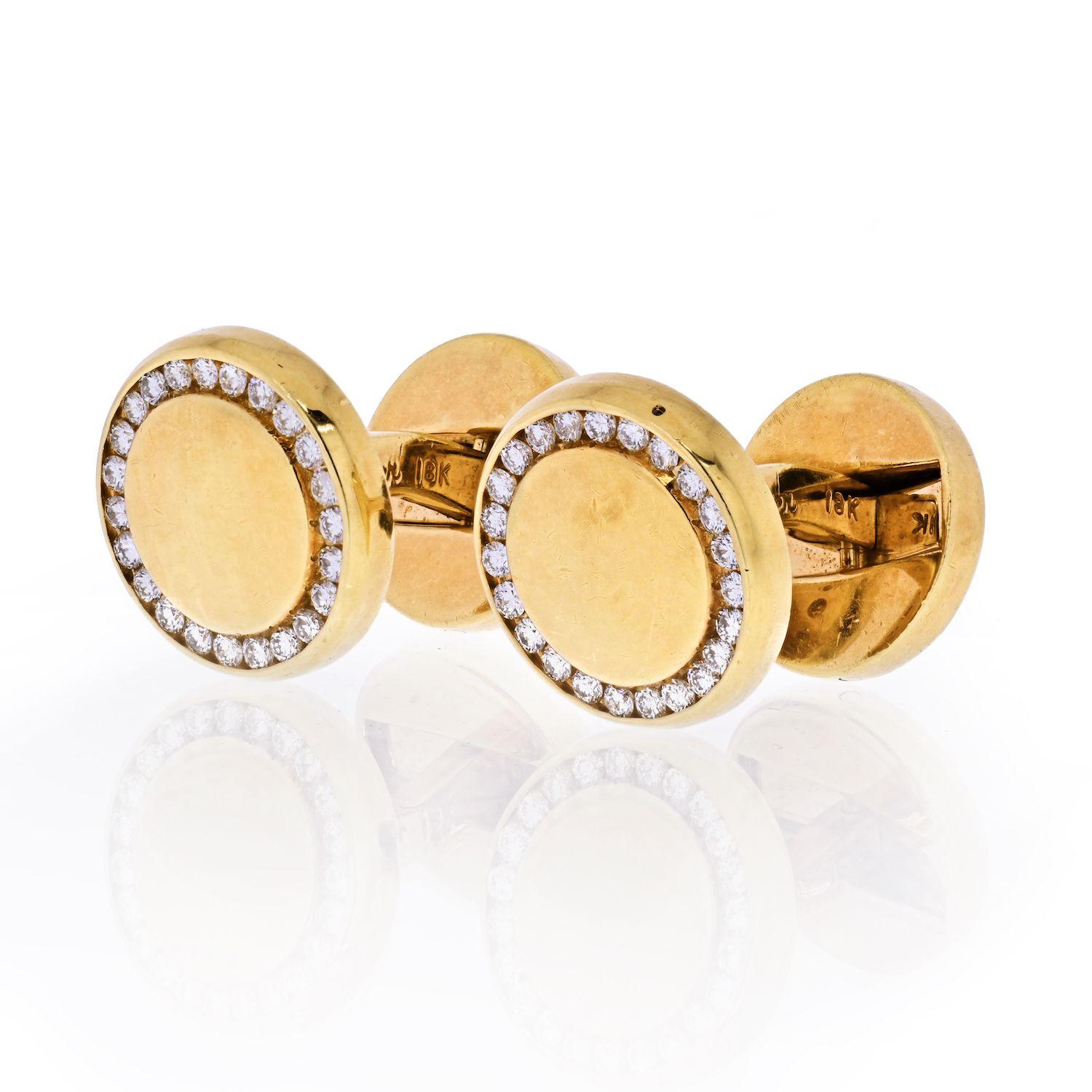 A good pair of 18K yellow gold diamond cufflinks, made in the 1980s by Cartier. 
Round Cut Diaonds: 1.25cttw.
Diamond Quality: F-G color VS1-VS2 clarity
Hallmarked. 
