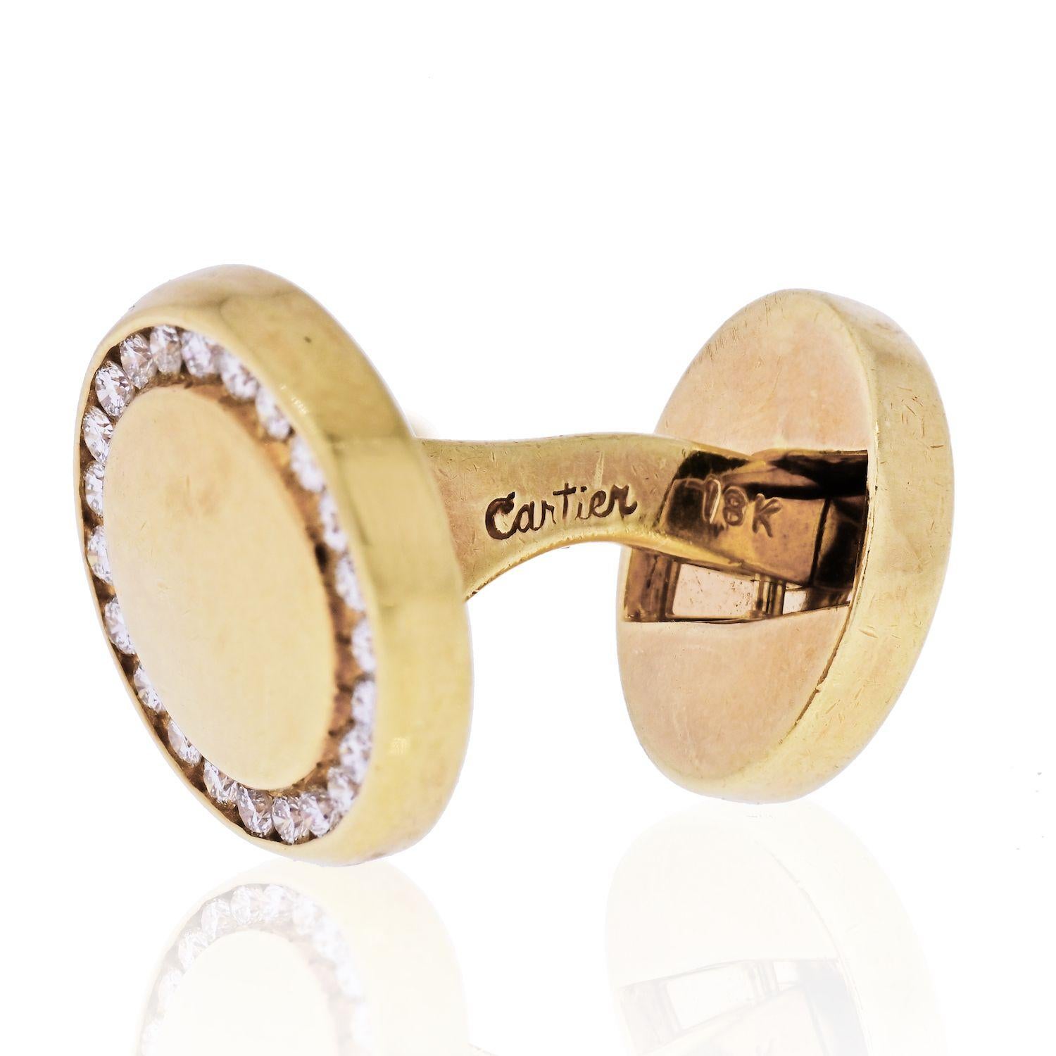 Modern Cartier 18K Yellow Gold Round Diamond Cufflinks