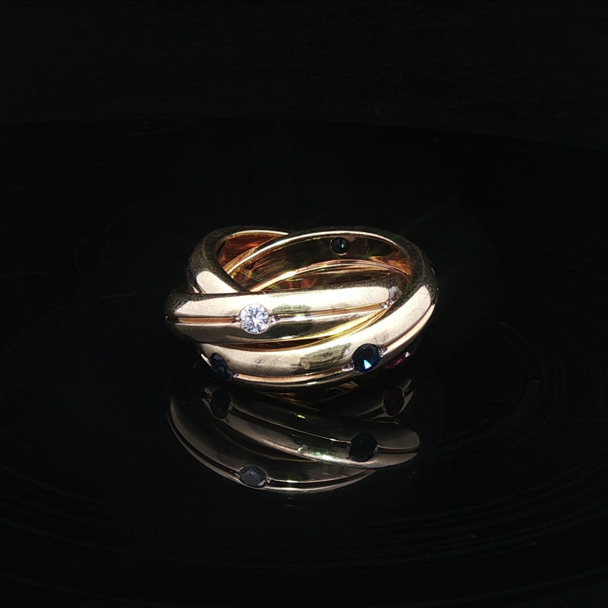 Cartier 18k Yellow Gold Round Ruby Sapphire & Diamond Rolling Band Ring sz4 In condizioni buone in vendita a Montclair, NJ