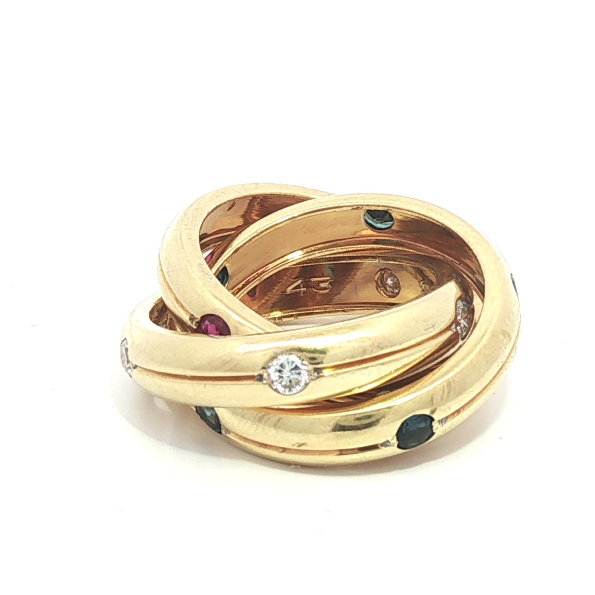 Donna Cartier 18k Yellow Gold Round Ruby Sapphire & Diamond Rolling Band Ring sz4 in vendita