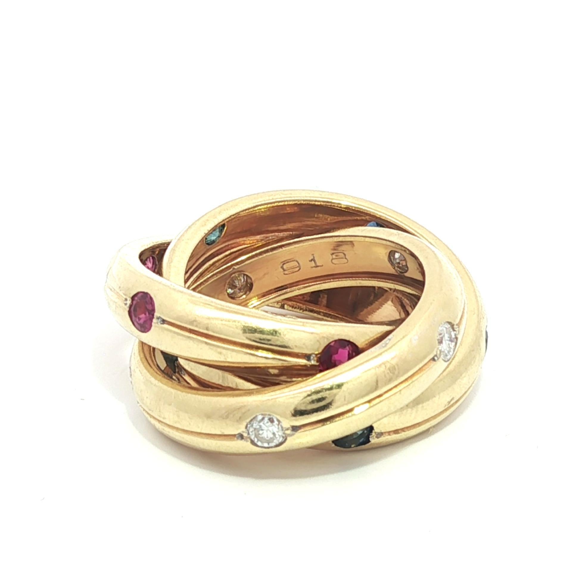 Cartier 18k Yellow Gold Round Ruby Sapphire & Diamond Rolling Band Ring sz4 in vendita 1