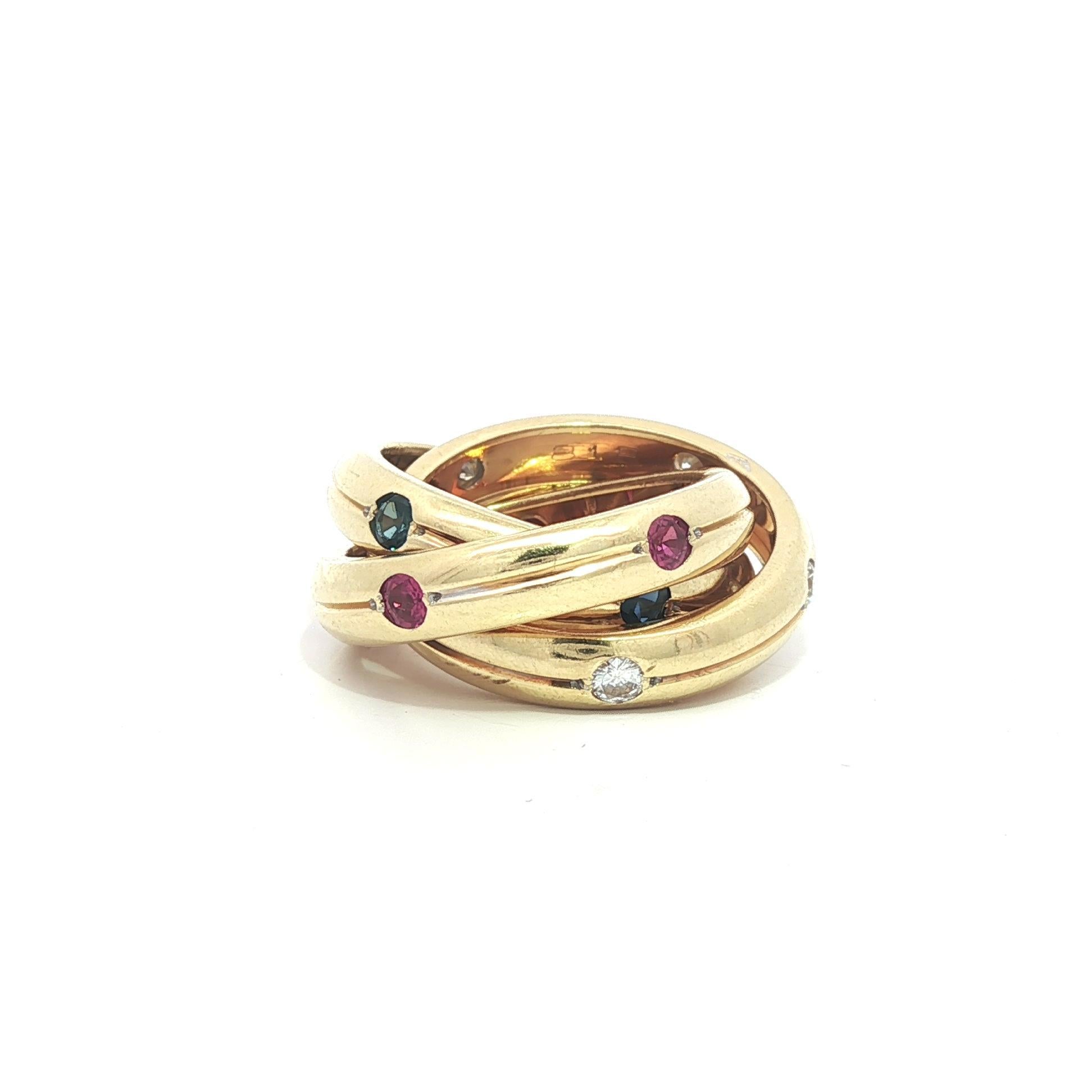 Cartier 18k Yellow Gold Round Ruby Sapphire & Diamond Rolling Band Ring sz4 in vendita 2
