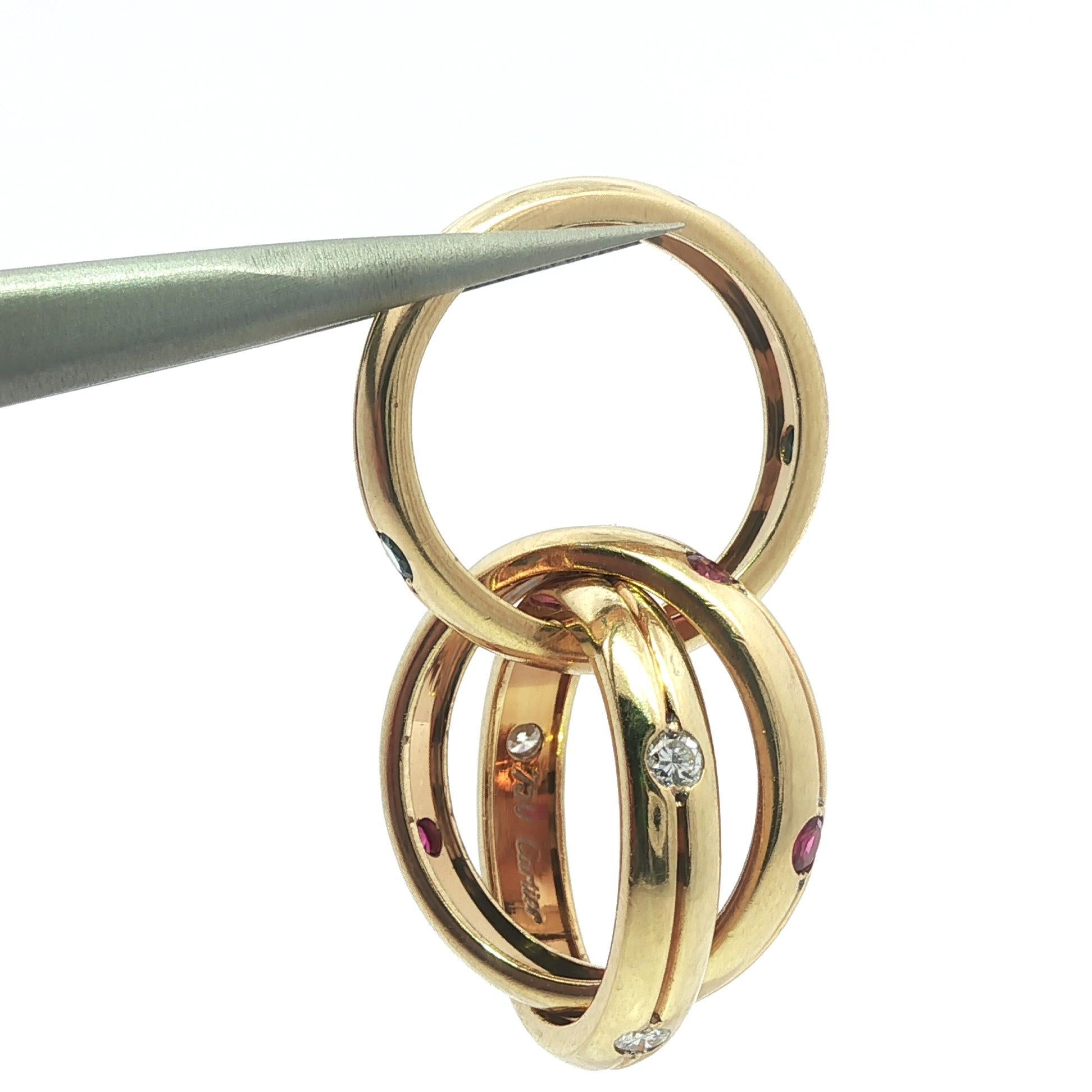 Cartier 18k Yellow Gold Round Ruby Sapphire & Diamond Rolling Band Ring sz4 in vendita 3