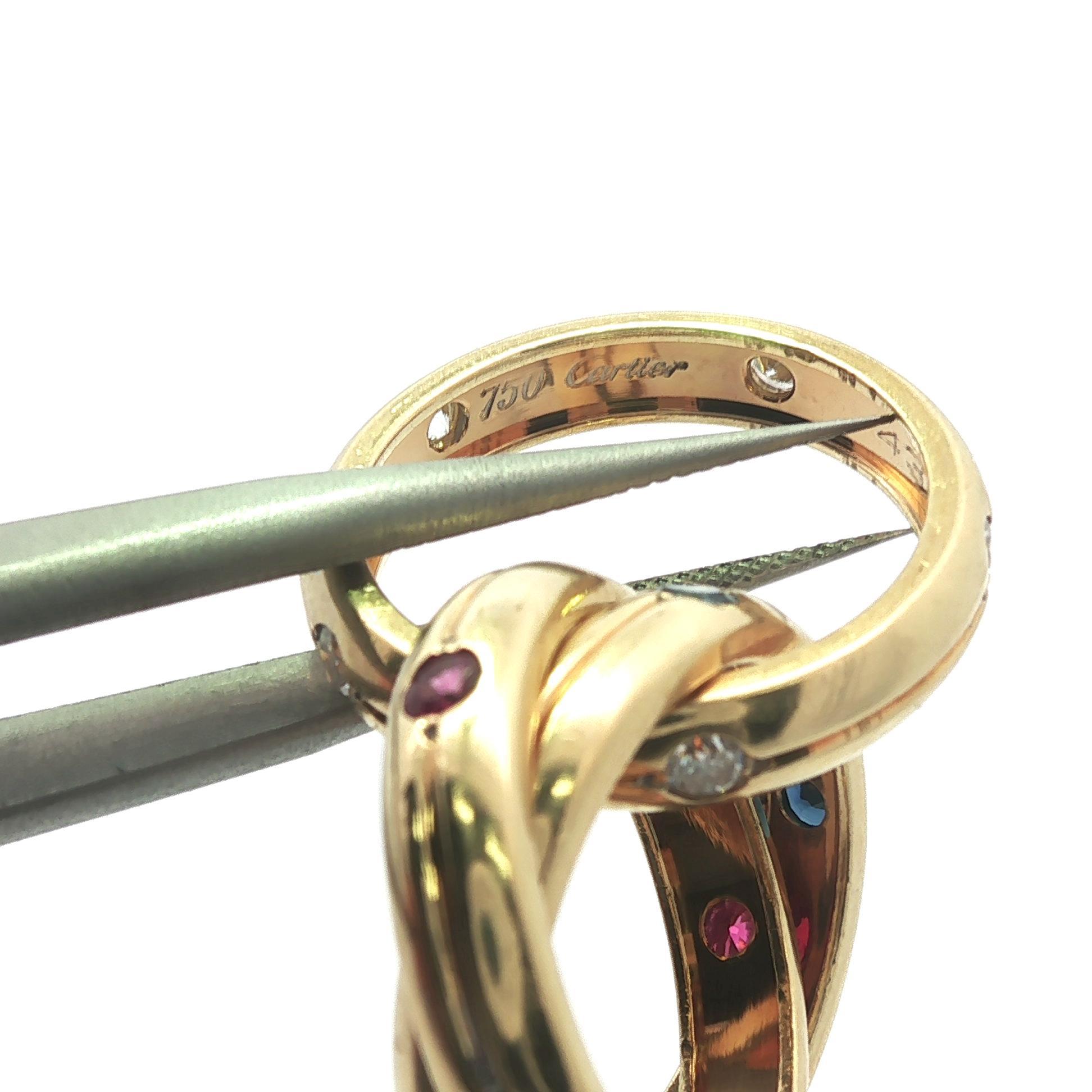 Cartier 18k Yellow Gold Round Ruby Sapphire & Diamond Rolling Band Ring sz4 in vendita 4