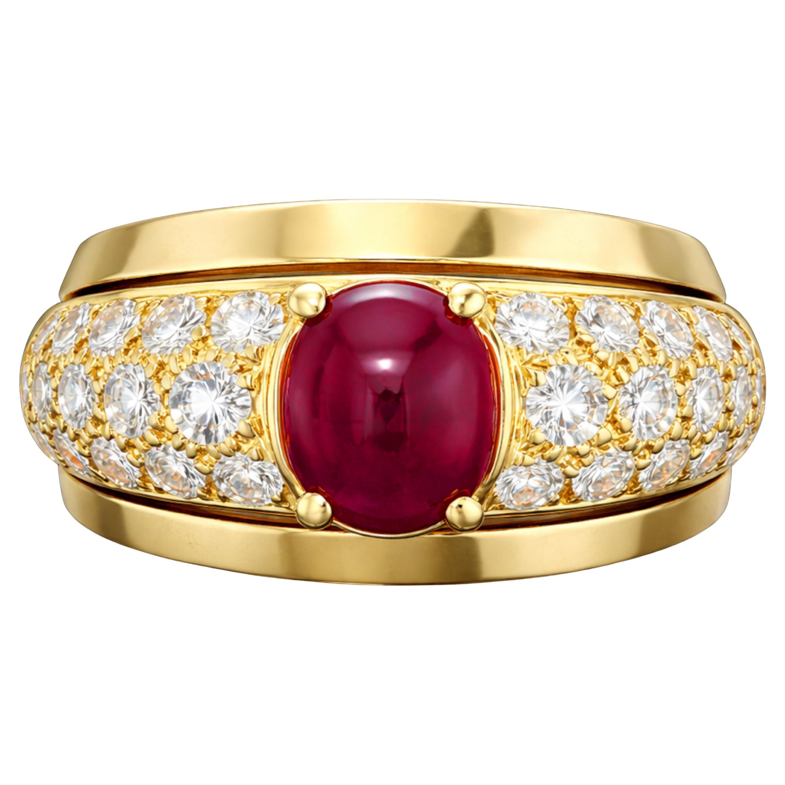 Cartier 18K Yellow Gold Ruby Cabochon and Diamond Ring