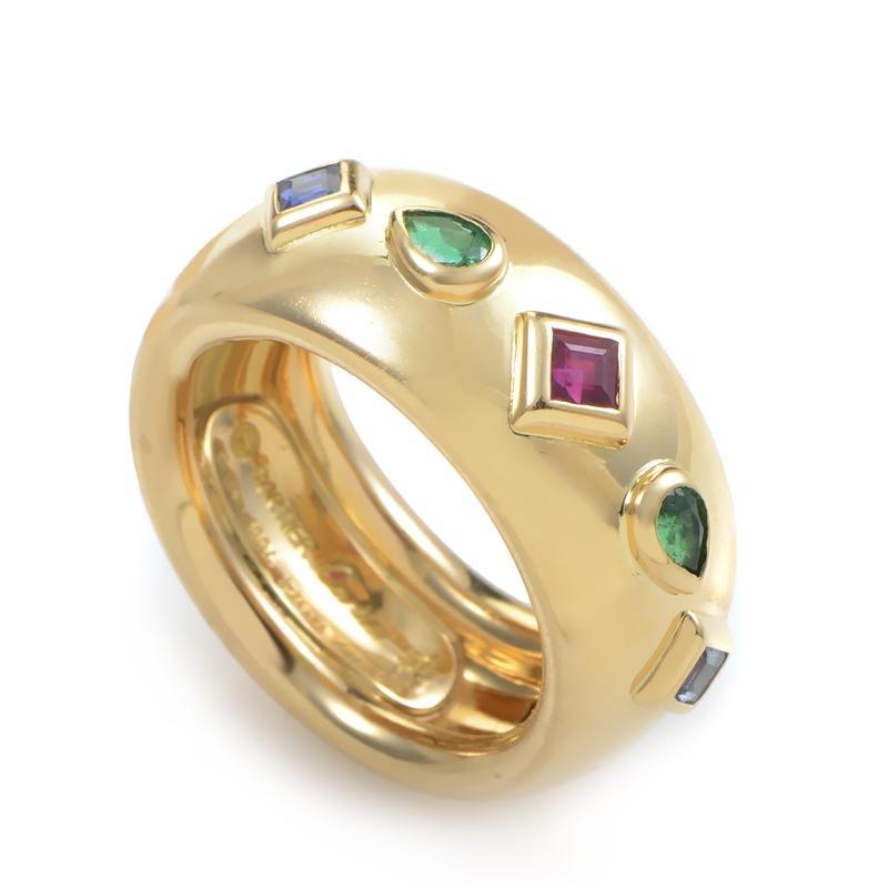 Mixed Cut Cartier 18 Karat Yellow Gold Ruby, Emerald and Sapphire Band Ring