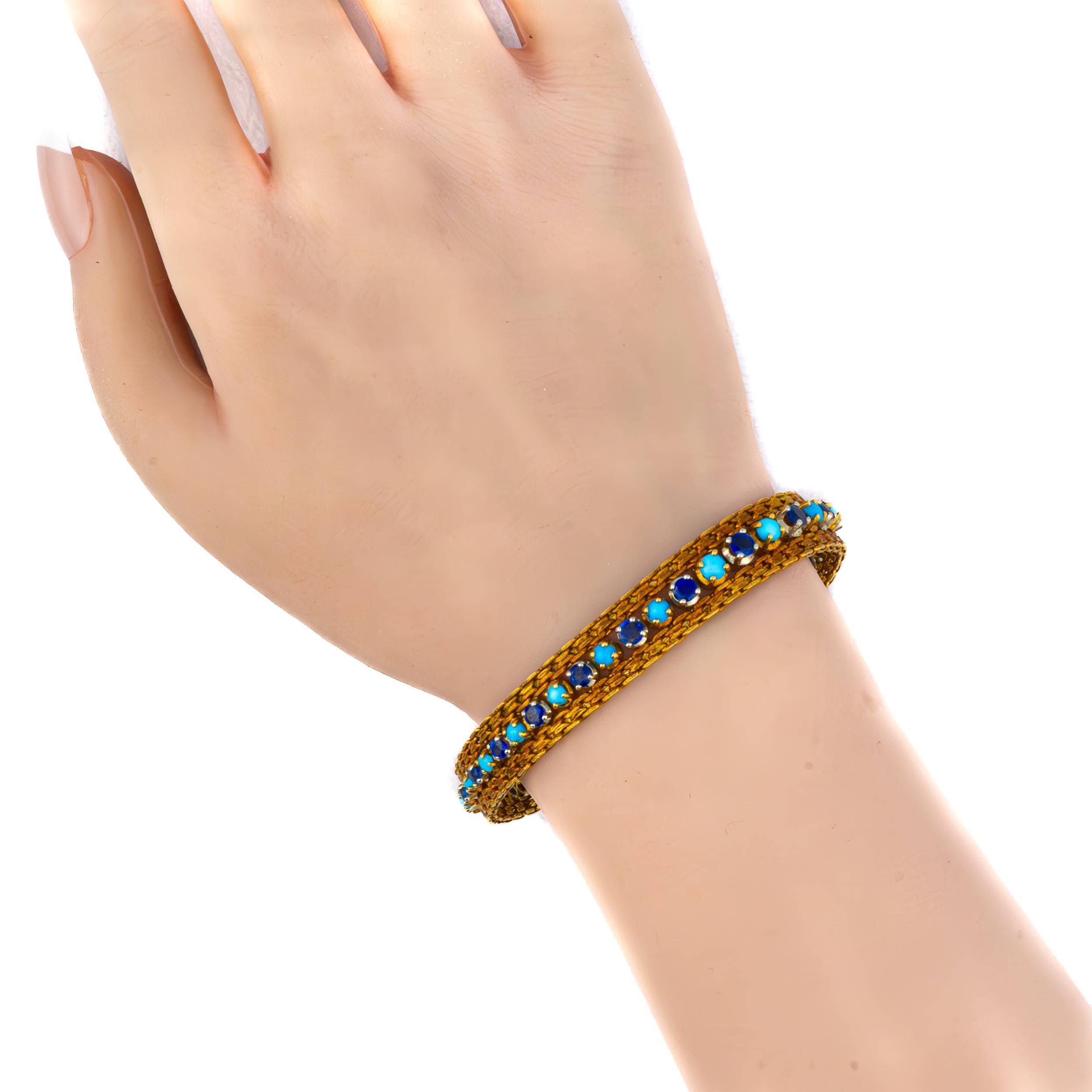 Taille ronde Bracelet de ligne en or jaune 18K, saphir et turquoise de Cartier en vente