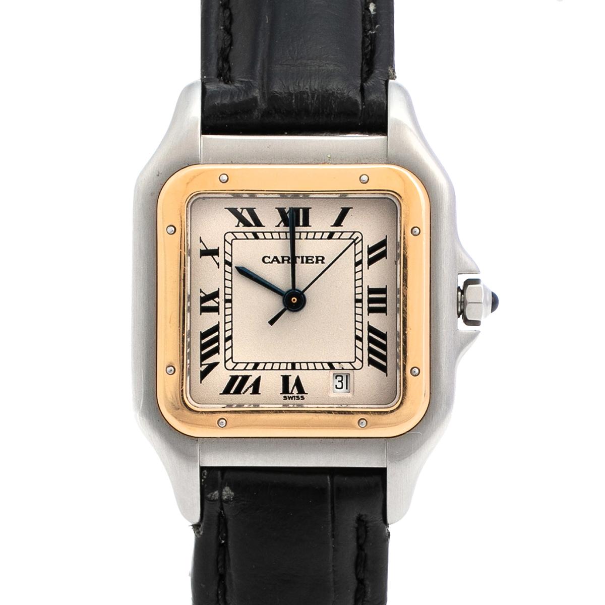 An icon from Cartier, this Panthère de Cartier Quartz watch for women is cast in stainless steel and 18k yellow gold. It has a dial set with Roman numeral hour markers, three hands in blue, and a date window at V. The crown is set with a synthetic