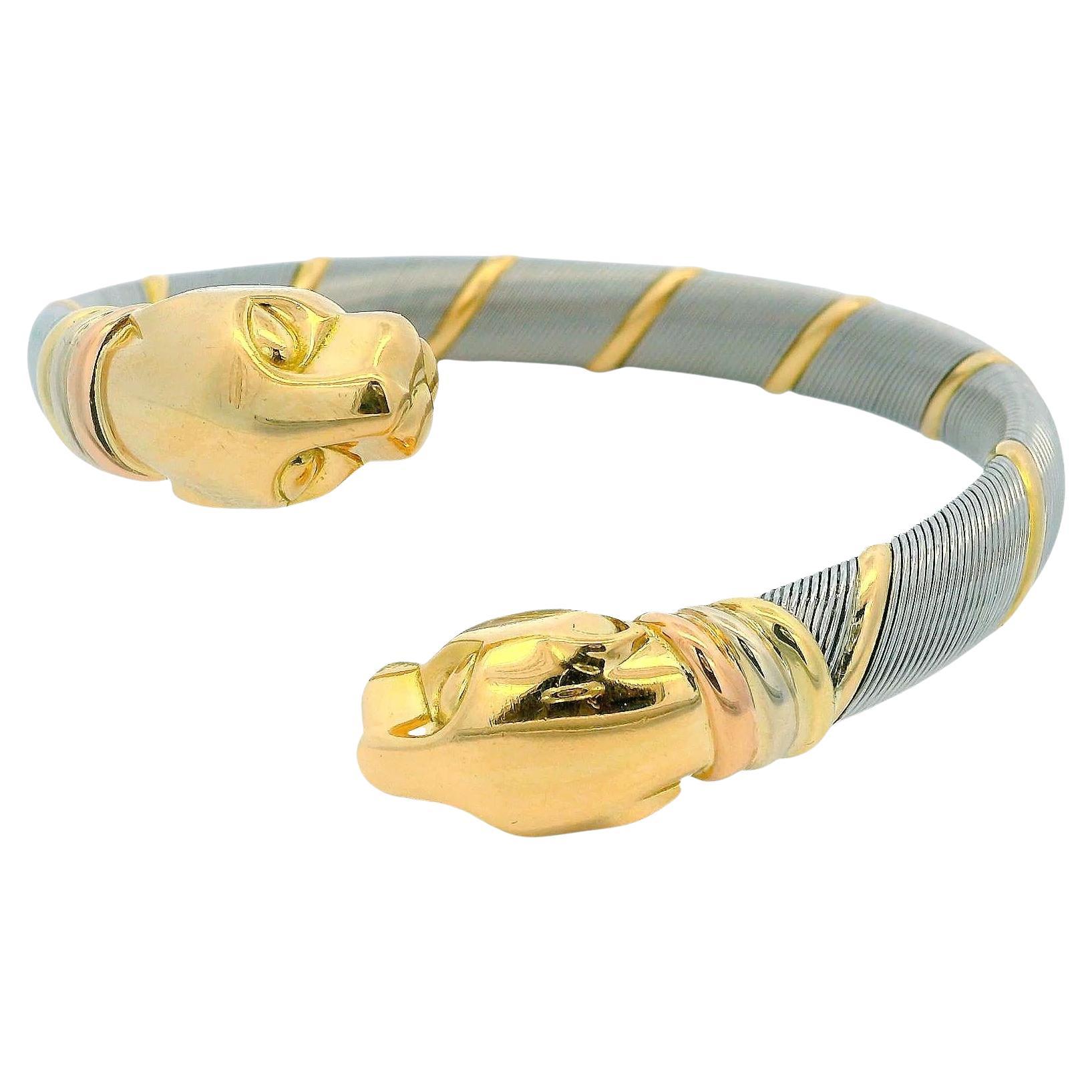 Cartier 18k Yellow Gold 
Stainless Steel Panthere Collection Bangle Bracelet For Sale