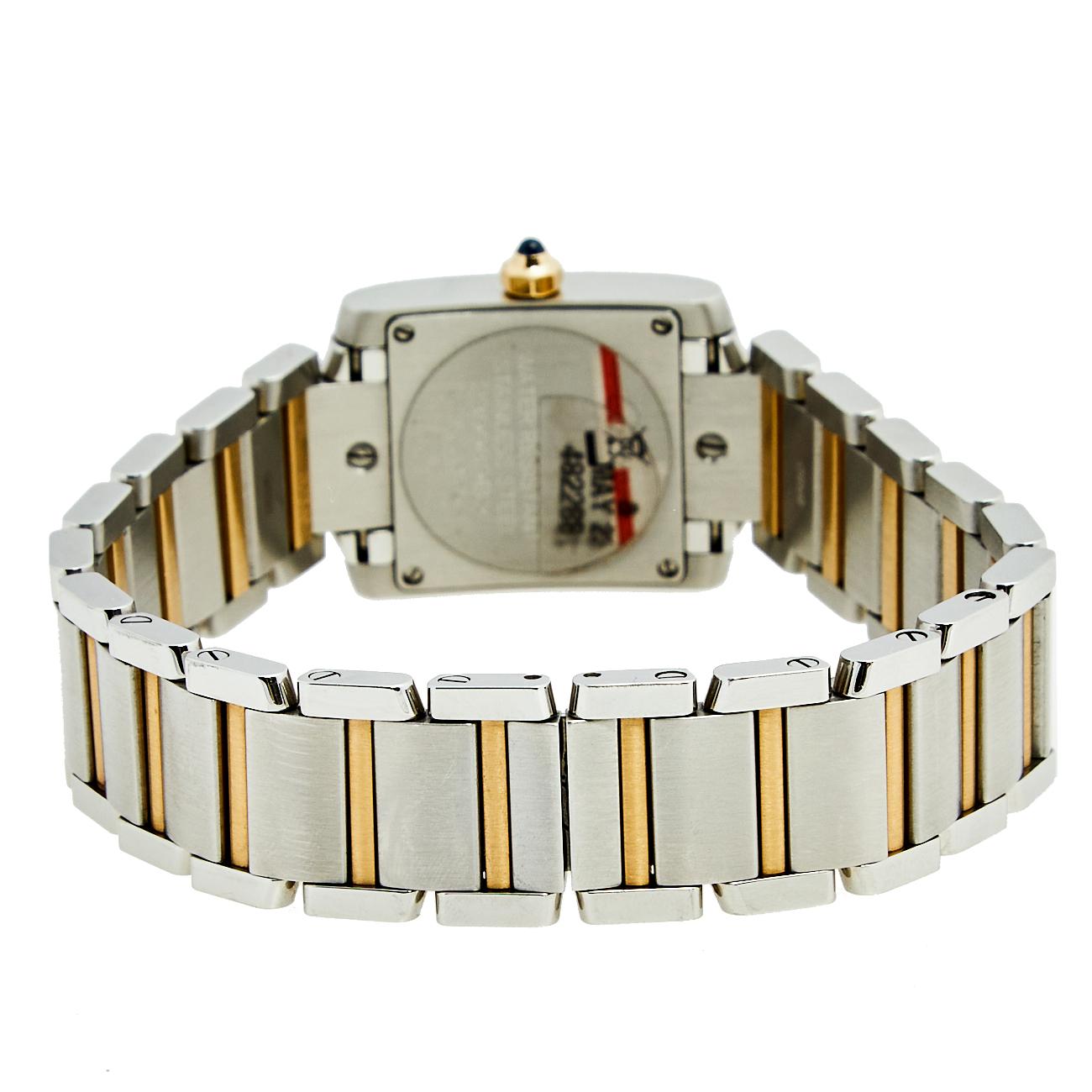 This iconic Cartier Tank Francaise wristwatch is a demonstration of exquisite craftsmanship and timeless aesthetics. The quartz watch in stainless steel and 18K yellow gold brings together a silver dial featuring Roman numeral hour markers and blue