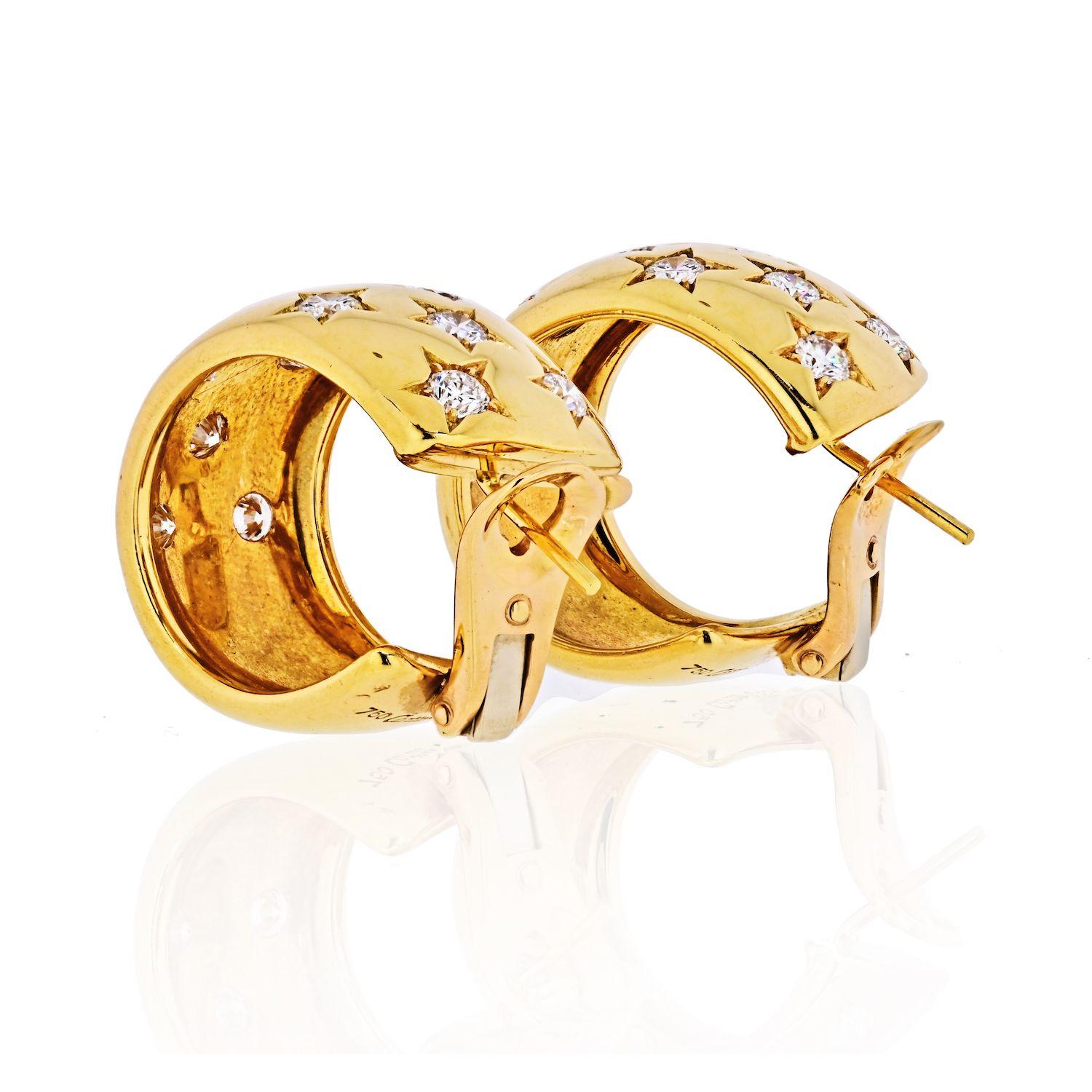 Round Cut Cartier 18 Karat Yellow Gold Star Diamond Earrings