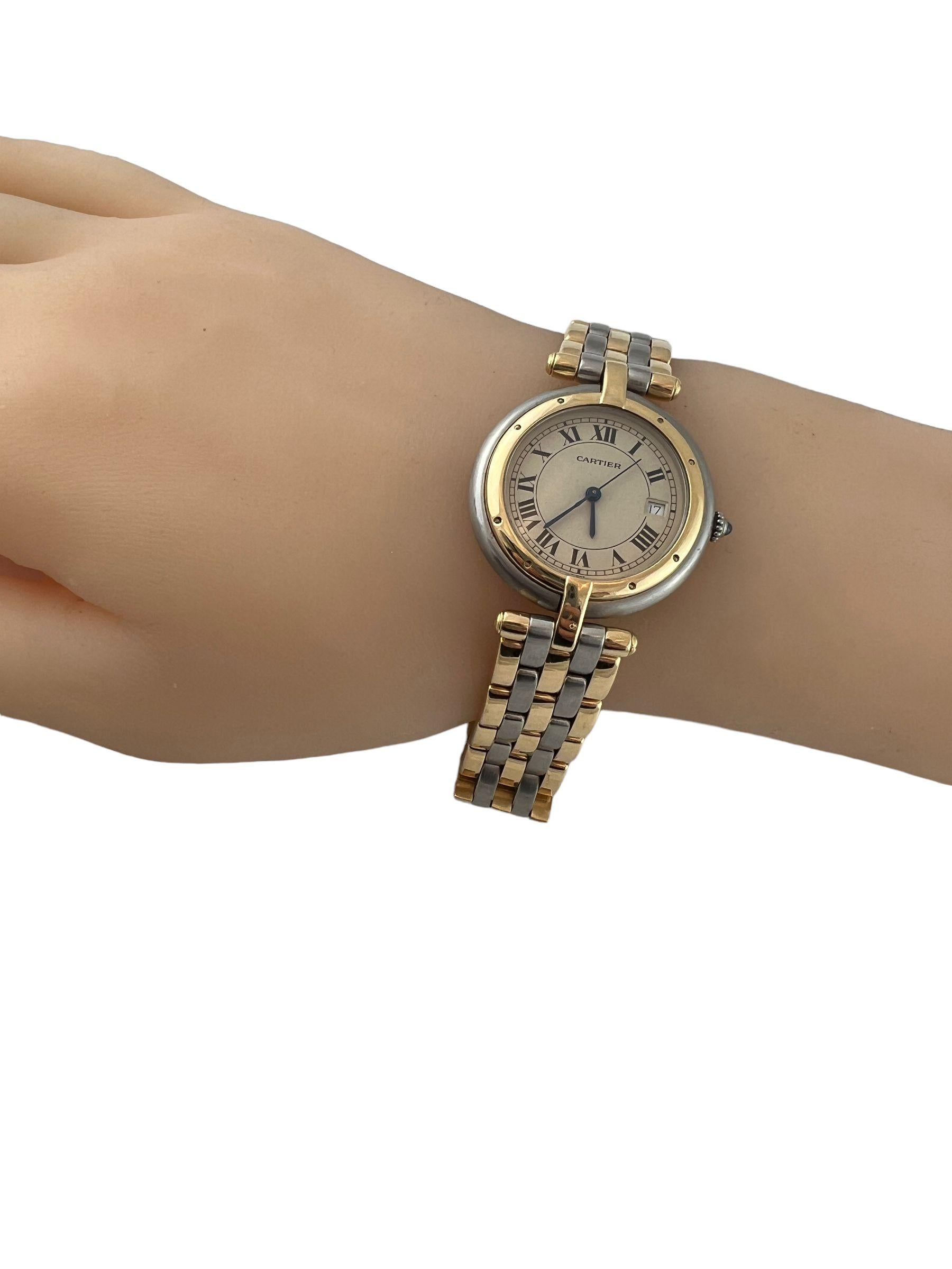 Cartier Panthere Vendome Ladies Watch

Model: 183964
Serial: 13010

This classic Cartier ladies watch features a band with 3 gold bars and a hidden deployment clasp

Bracelet fits up to 7 1/2