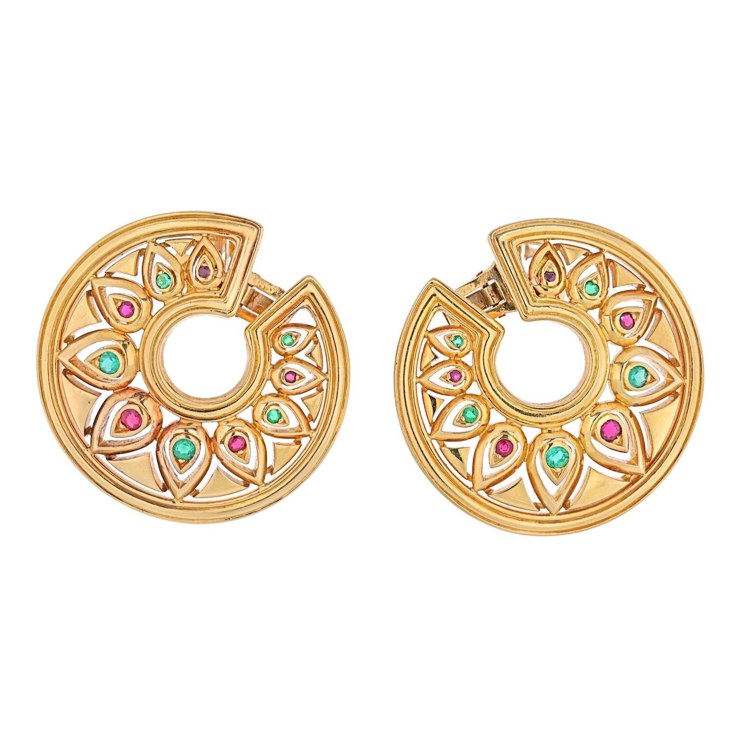 Cartier 18k Yellow Gold Tanjore, Ruby, Emerald Earrings