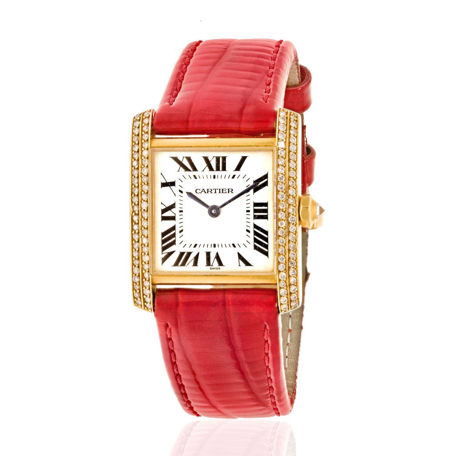 Cartier: 18 Karat Gelbgold Tank Francaise 25, Ref 1821 Damen-Diamant-Uhr (Rundschliff) im Angebot