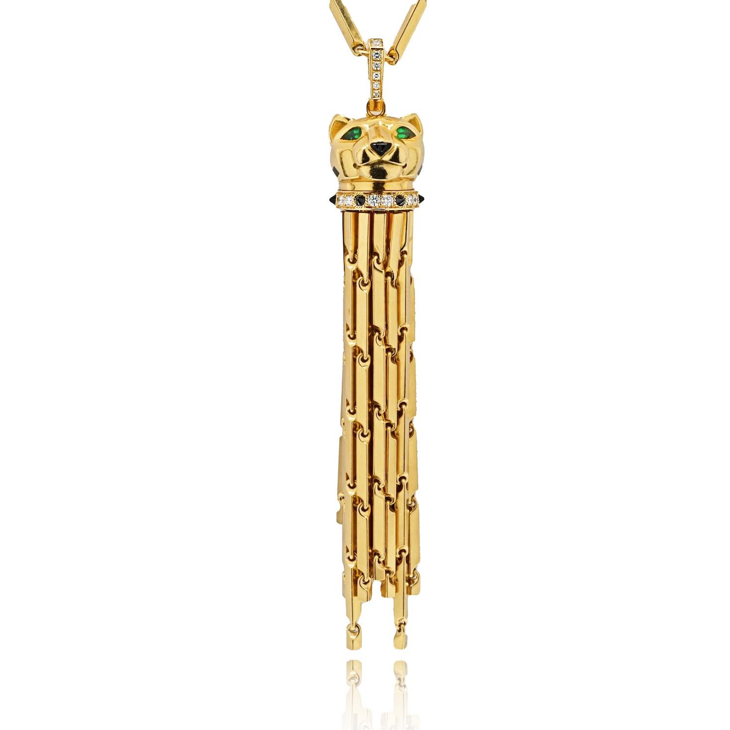 Modern Cartier 18K Yellow Gold Tassel Spotted Panthere Diamond Onyx Pendant For Sale