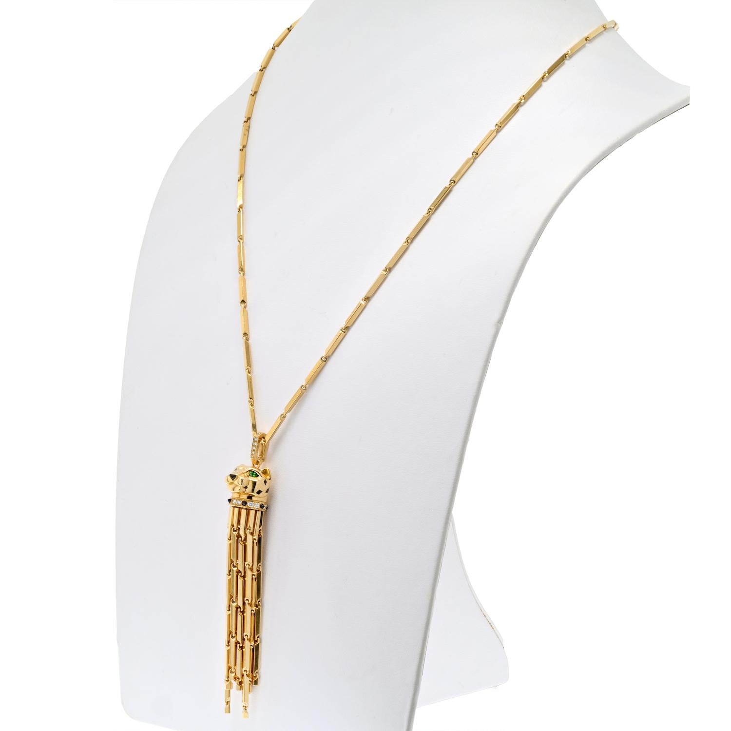 Round Cut Cartier 18K Yellow Gold Tassel Spotted Panthere Diamond Onyx Pendant For Sale