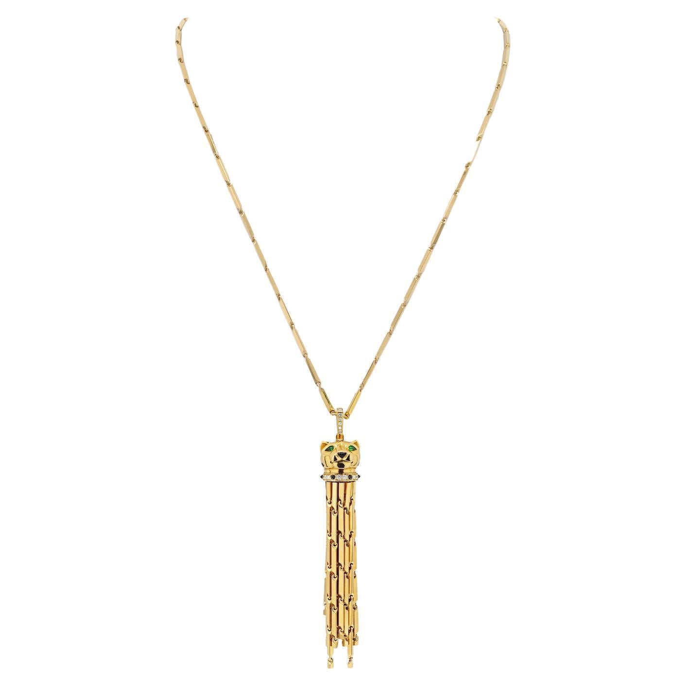 Cartier 18K Yellow Gold Tassel Spotted Panthere Diamond Onyx Pendant For Sale