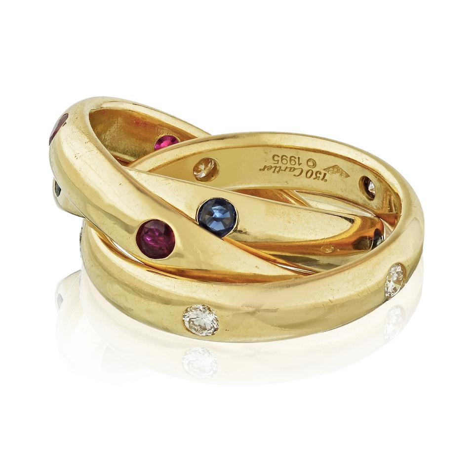 Cartier 18 Karat Yellow Gold 'Trinity' Diamond Ruby and Sapphire Ring Size 5 In Good Condition In New York, NY