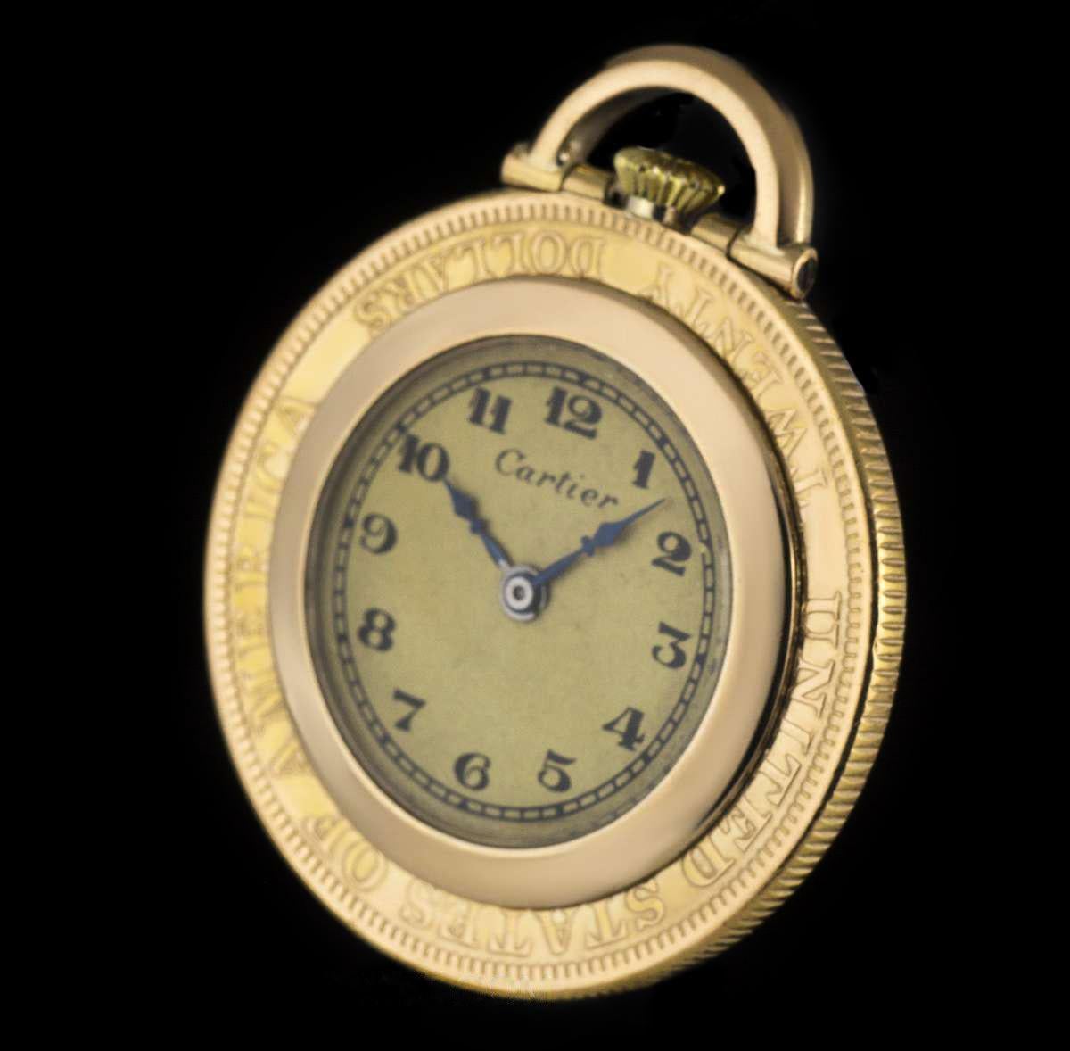 An 18k Yellow Gold Twenty Dollar Coin Pendant Pocket Watch, cream dial with arabic numbers and minute railtrack on the outer edge of the dial, a polished 18k yellow gold fixed bezel, outer bezel embossed with 