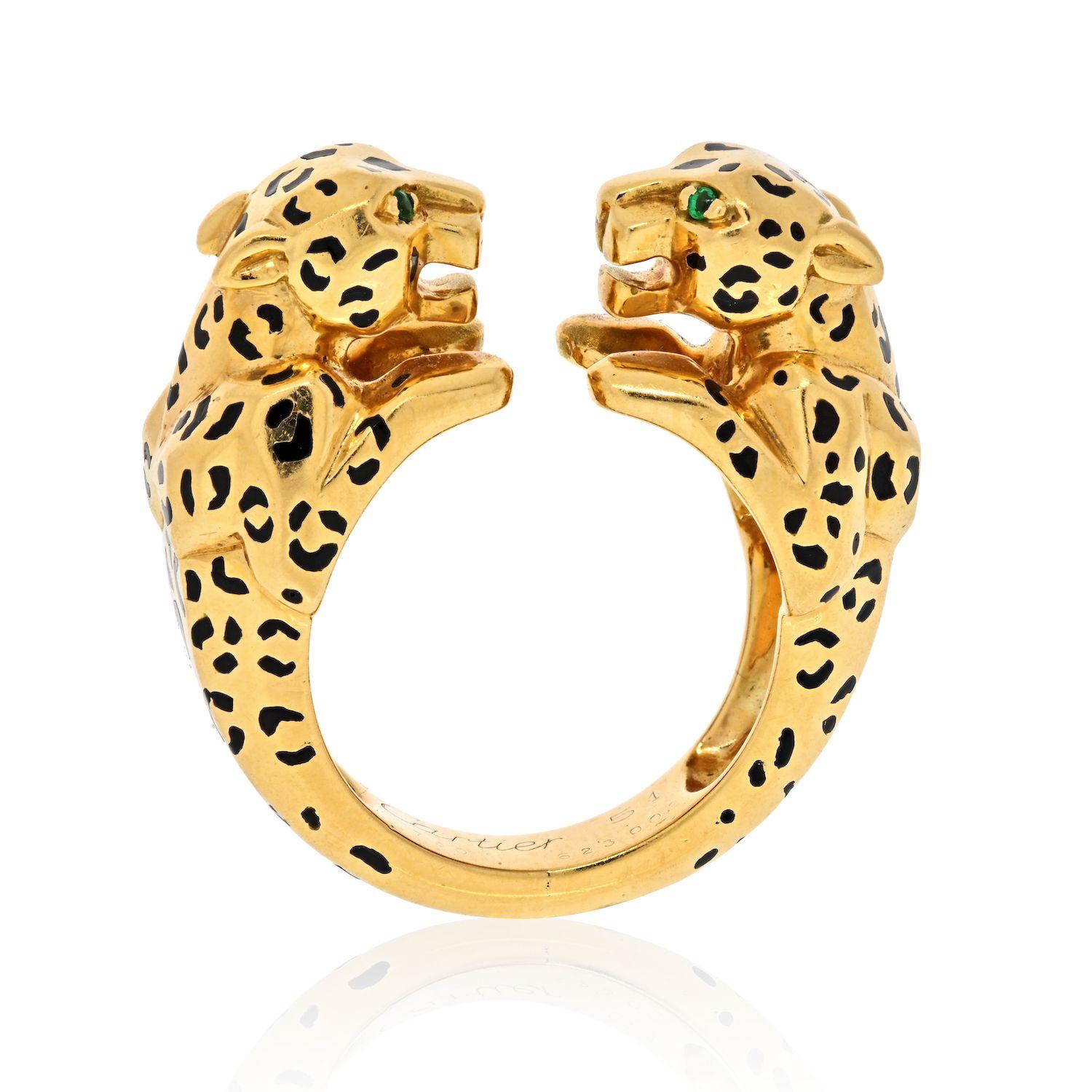 Cartier: 18 Karat Gelbgold Ring, zwei Panther sich gegenüberstehend (Rundschliff)