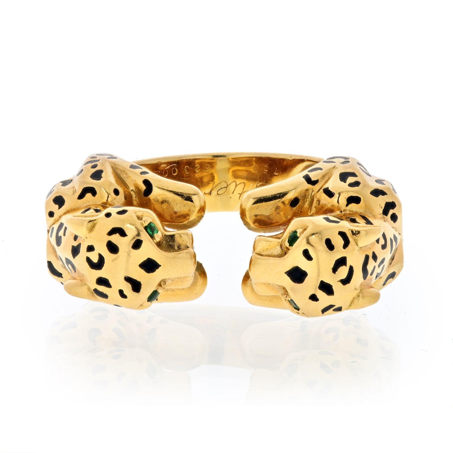 Cartier: 18 Karat Gelbgold Ring, zwei Panther sich gegenüberstehend Damen