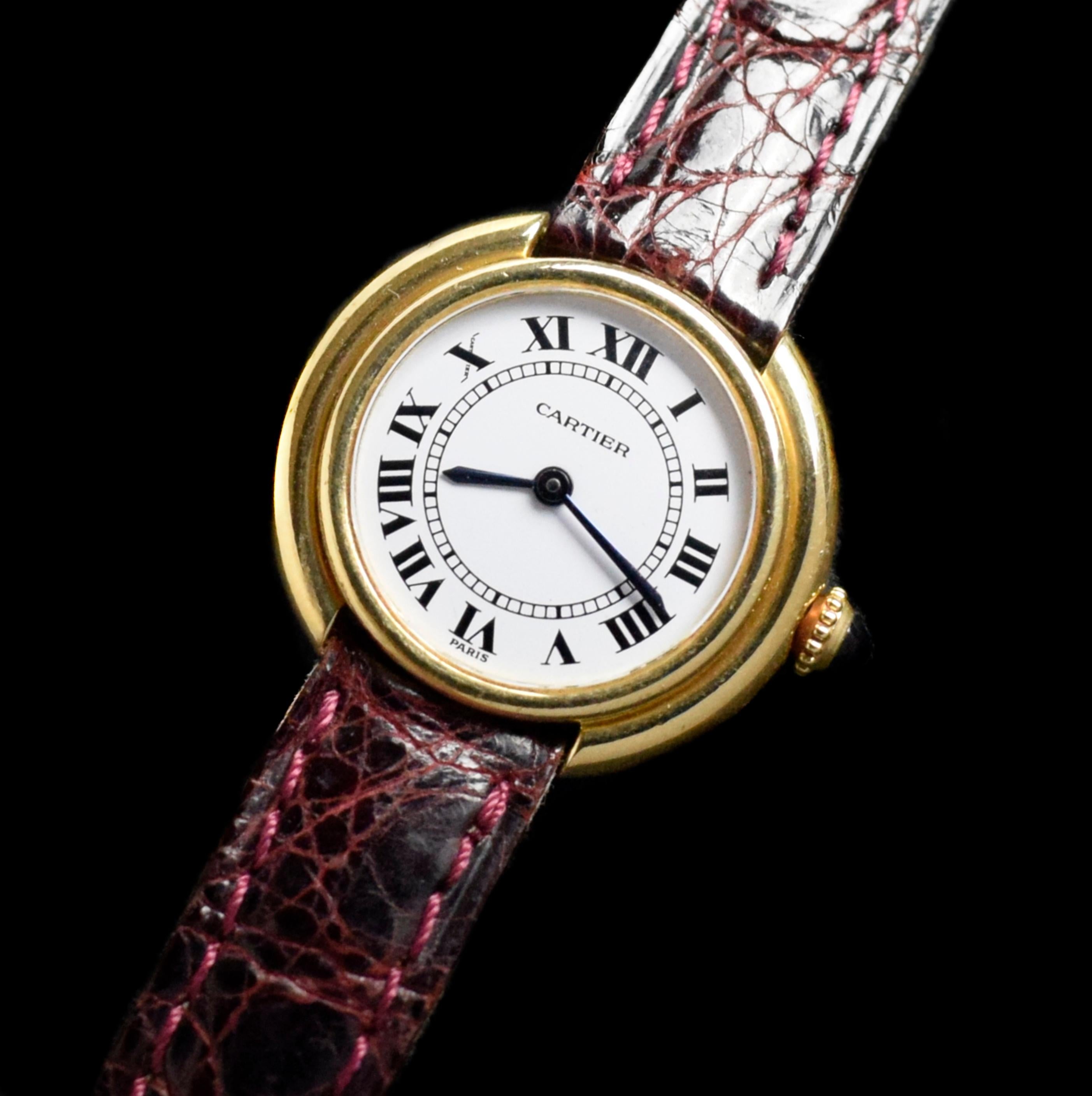 Brand: Cartier
Model: Vendome
Year: 1980’s
Serial Number: 67080xxxx

Reference: C04201

Case: Show sign of wear with the 18K Yellow Gold Case in size 27mm without crown; Cartier serial numbers engraved on the case back

Dial: Aged Condition White