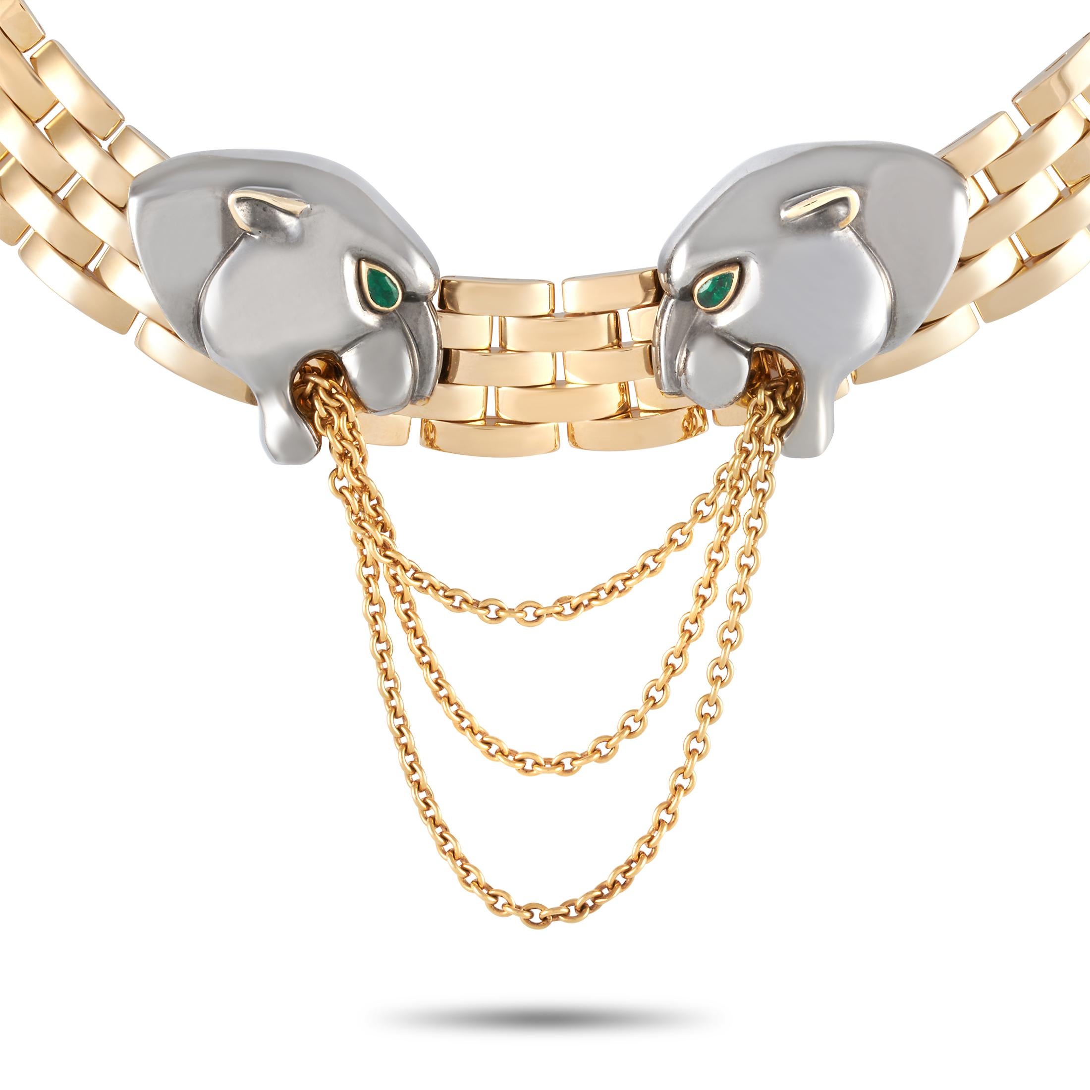 Ready to make a big statement is this extremely rare Cartier 18K Yellow Gold Hematite Panthere Choker Necklace. It features a chunky 14-inch long necklace composed of solid 18K yellow gold flat brick-like links. Two panther heads fashioned from