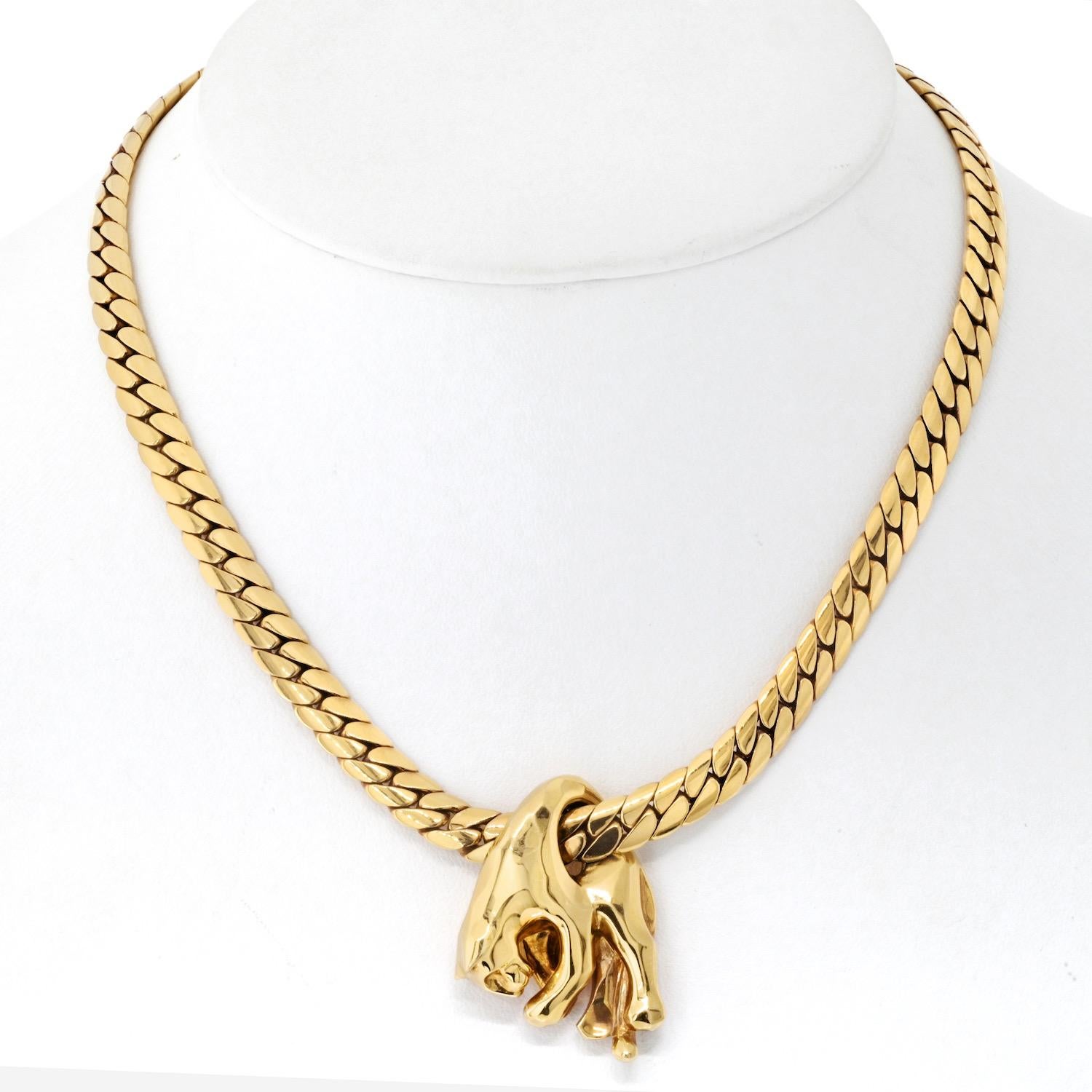 Presenting a stunning piece of Cartier heritage: the Panthère Necklace from the 1970s/1980s, meticulously crafted in 18K yellow gold. This exquisite necklace epitomizes elegance and timeless design, measuring 16 inches in length and weighing a