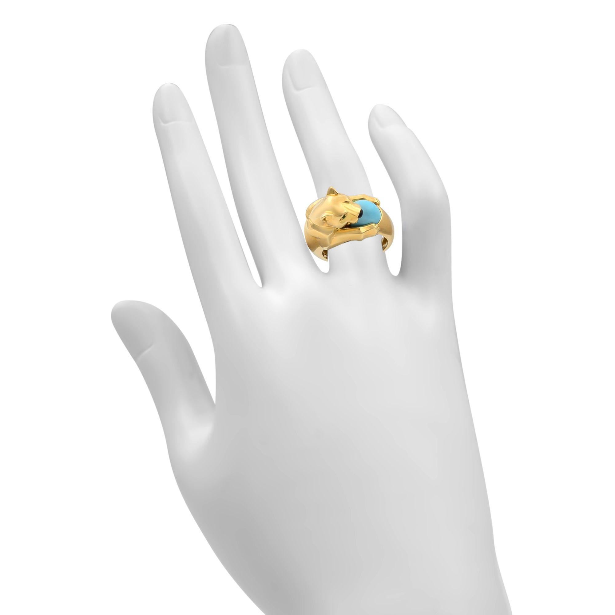 Emerald Cut Cartier 18 Karat Yellow Gold Vintage Panthere Turquoise Onyx and Emerald Ring