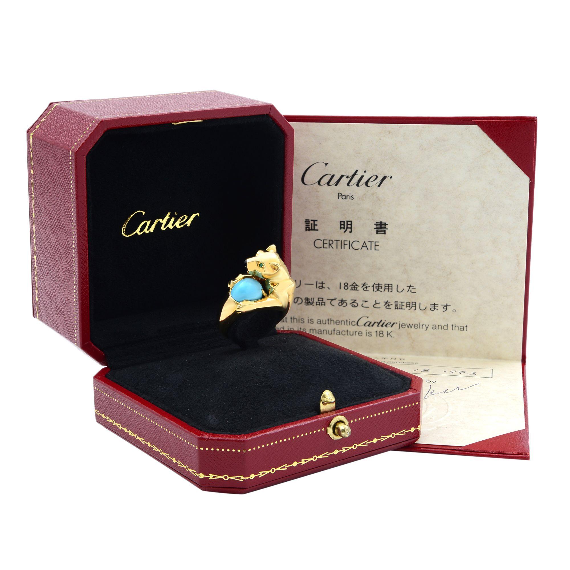 Cartier 18 Karat Yellow Gold Vintage Panthere Turquoise Onyx and Emerald Ring In Excellent Condition In New York, NY