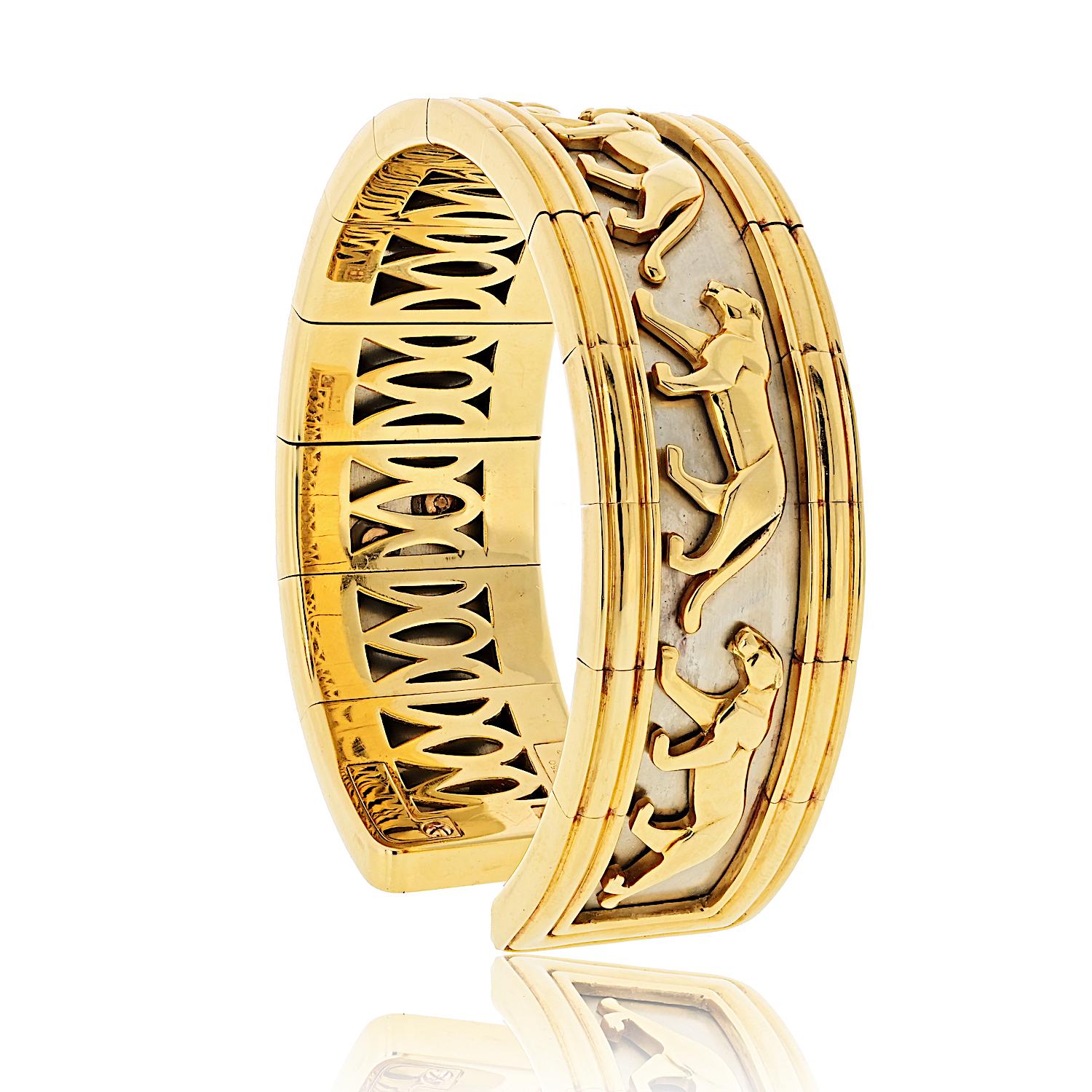 Modern Cartier 18K Yellow Gold Walking Panthere Cuff Bracelet For Sale