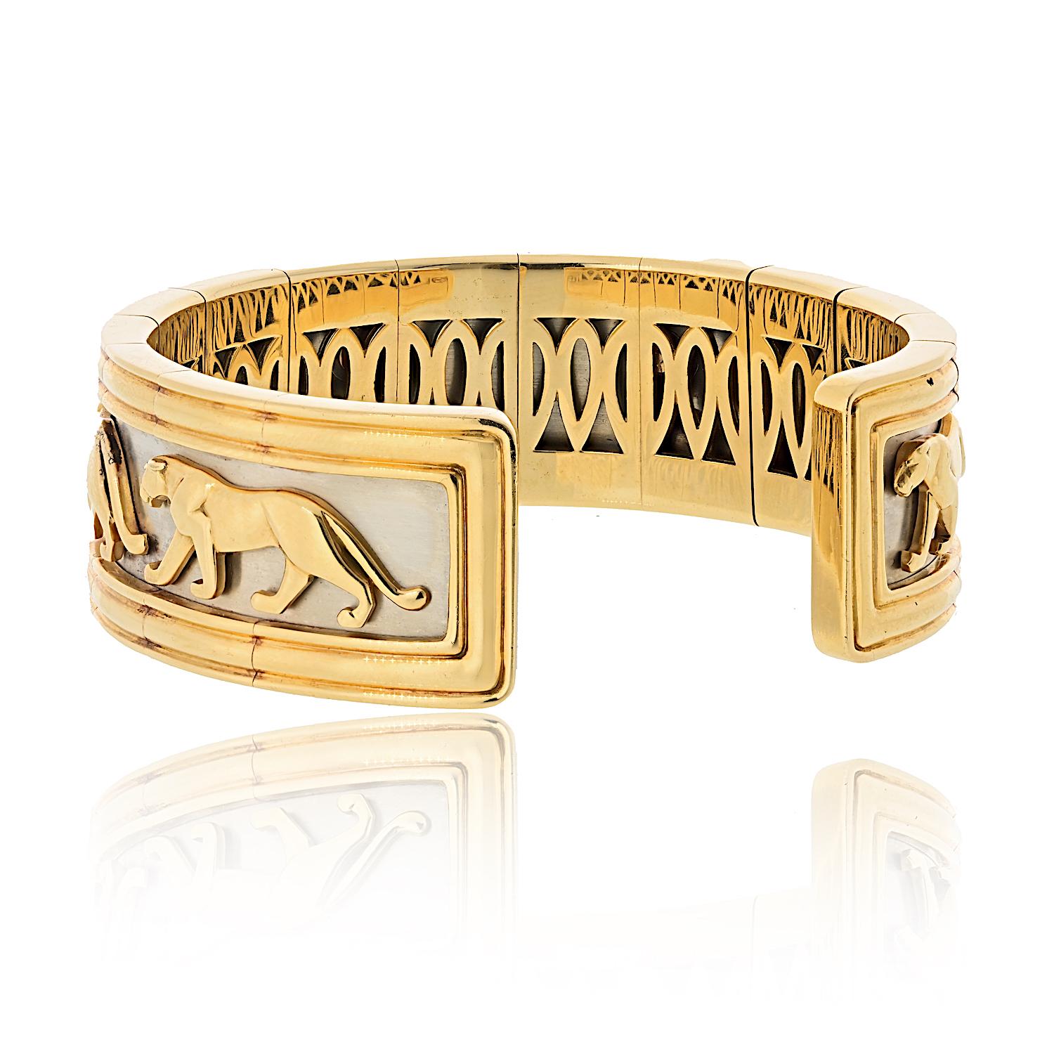 Cartier 18K Yellow Gold Walking Panthere Cuff Bracelet In Excellent Condition For Sale In New York, NY