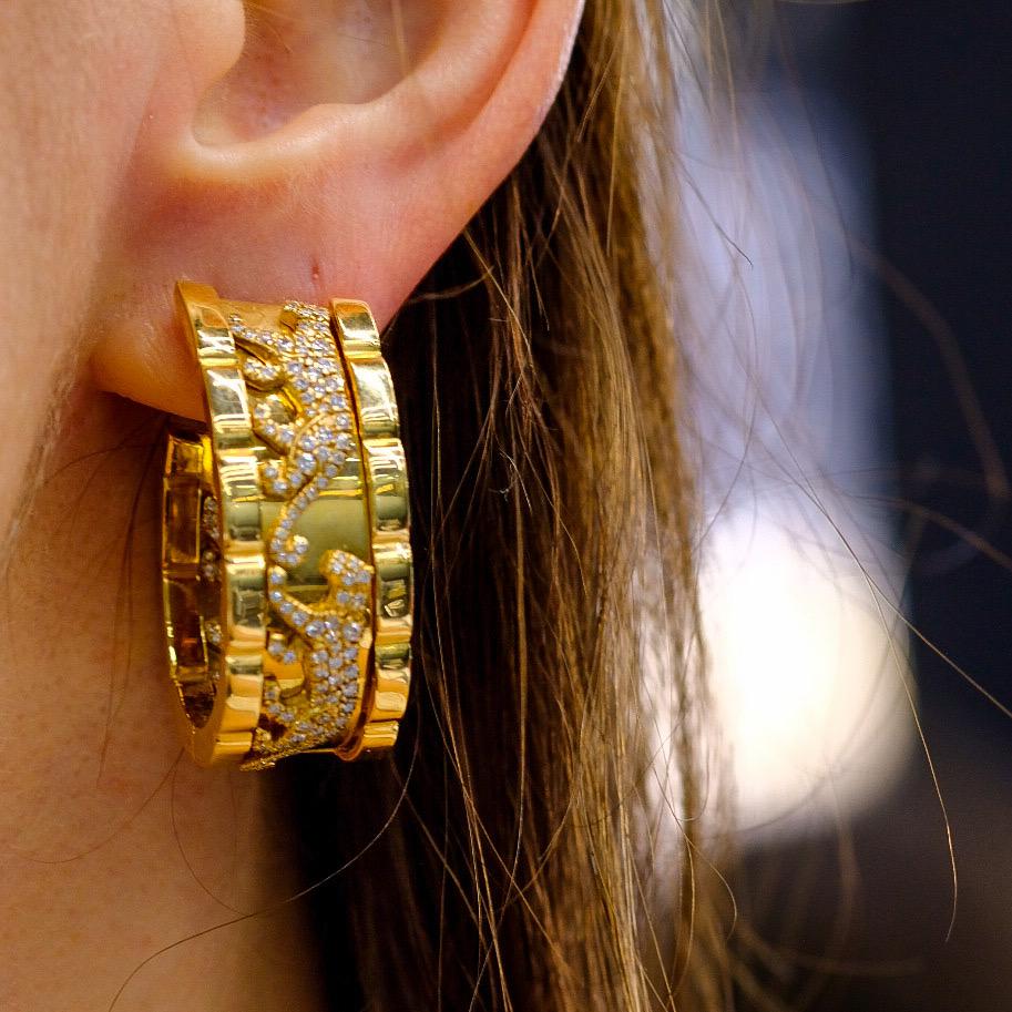 Modern Cartier 18k Yellow Gold Walking Panthere Diamond Hoop Clip on Earrings For Sale