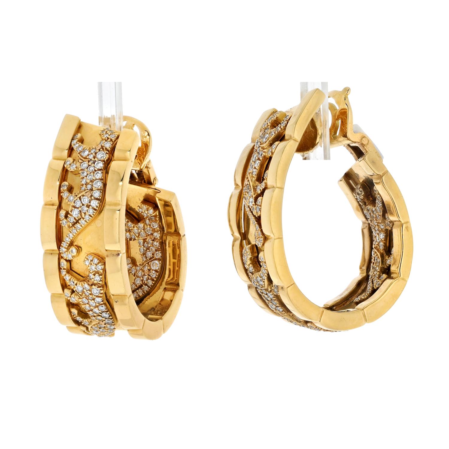 Cartier 18k Yellow Gold Walking Panthere Diamond Hoop Clip on Earrings In Excellent Condition For Sale In New York, NY