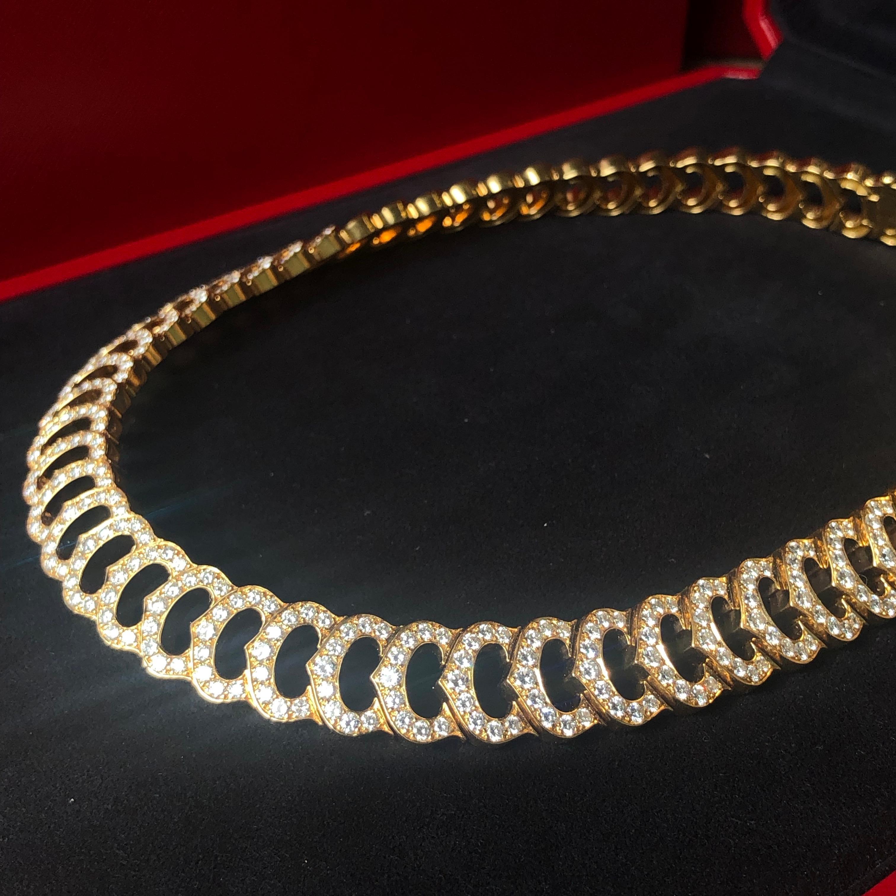 Cartier 18 Karat Yellow Gold White Diamond Set C logo Collar Necklace  4