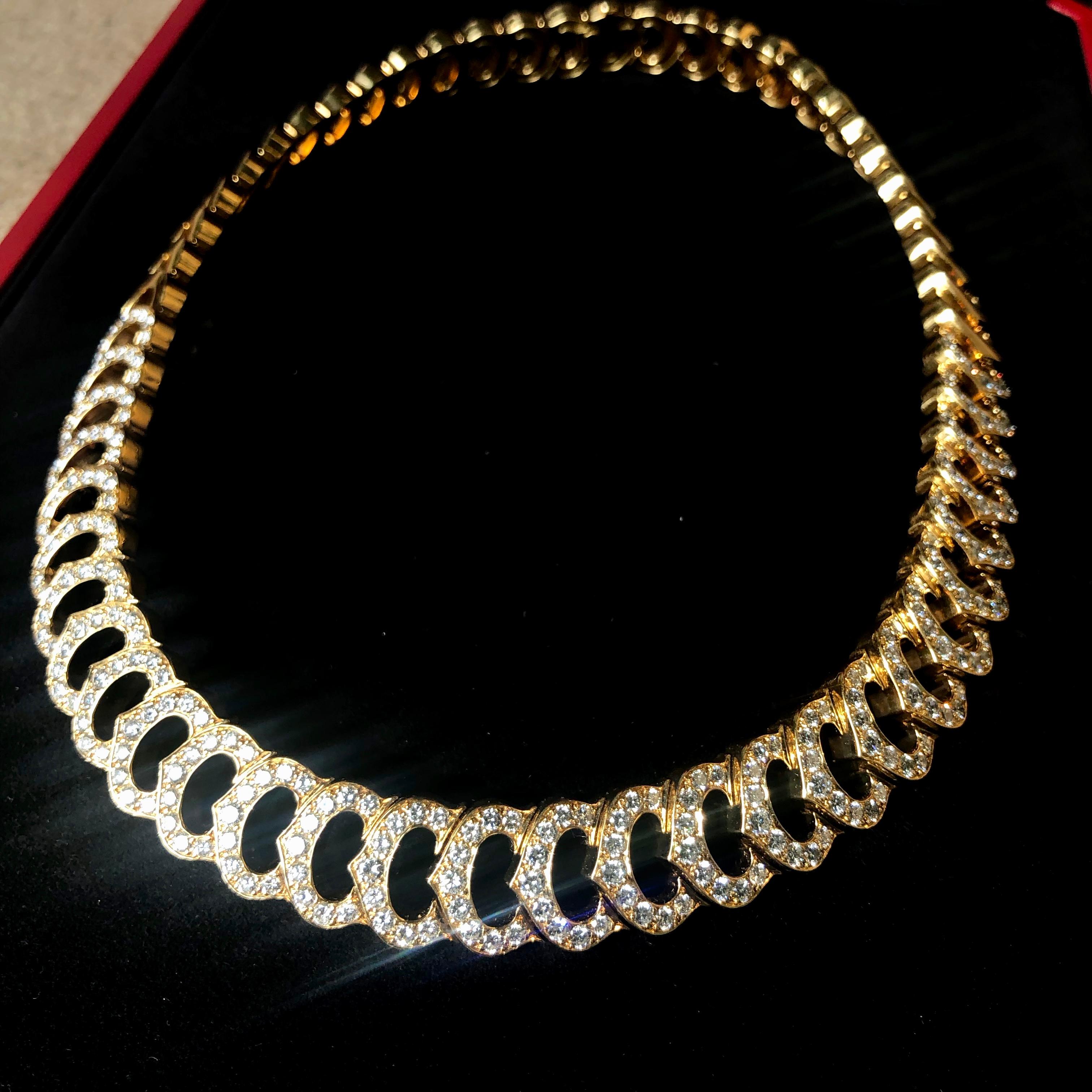 Round Cut Cartier 18 Karat Yellow Gold White Diamond Set C logo Collar Necklace 