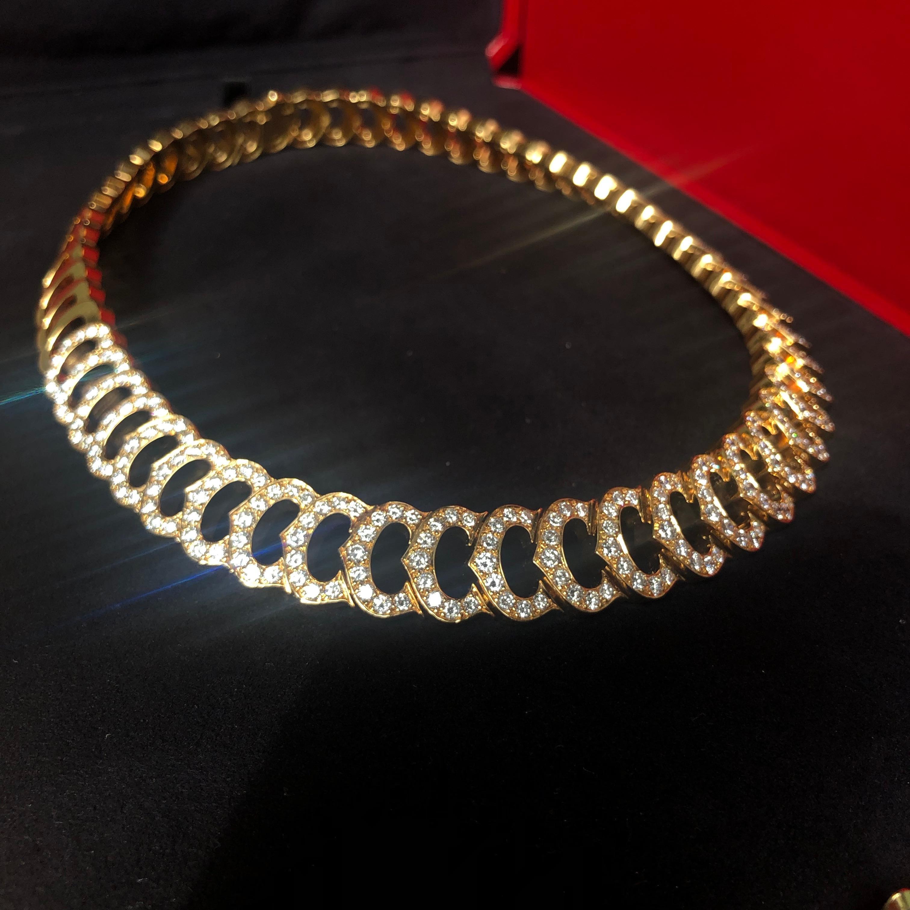 Cartier 18 Karat Yellow Gold White Diamond Set C logo Collar Necklace  In Good Condition In London, GB