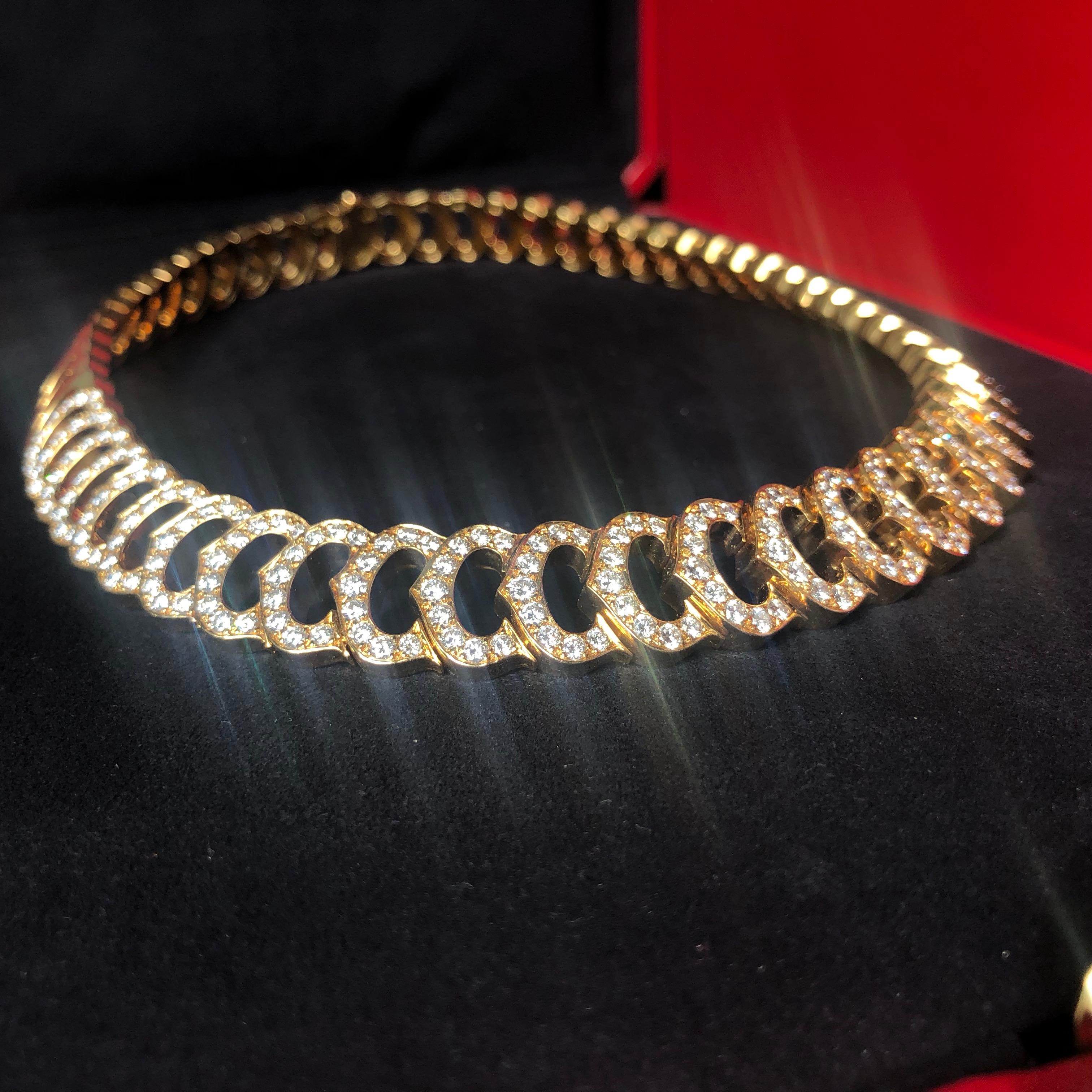 Cartier 18 Karat Yellow Gold White Diamond Set C logo Collar Necklace  1