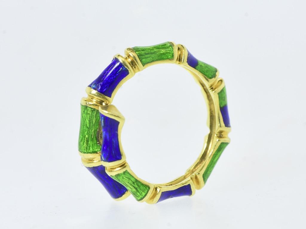 Bague Vintage en or jaune 18K avec émail bleu et vert de Cartier en vente 4