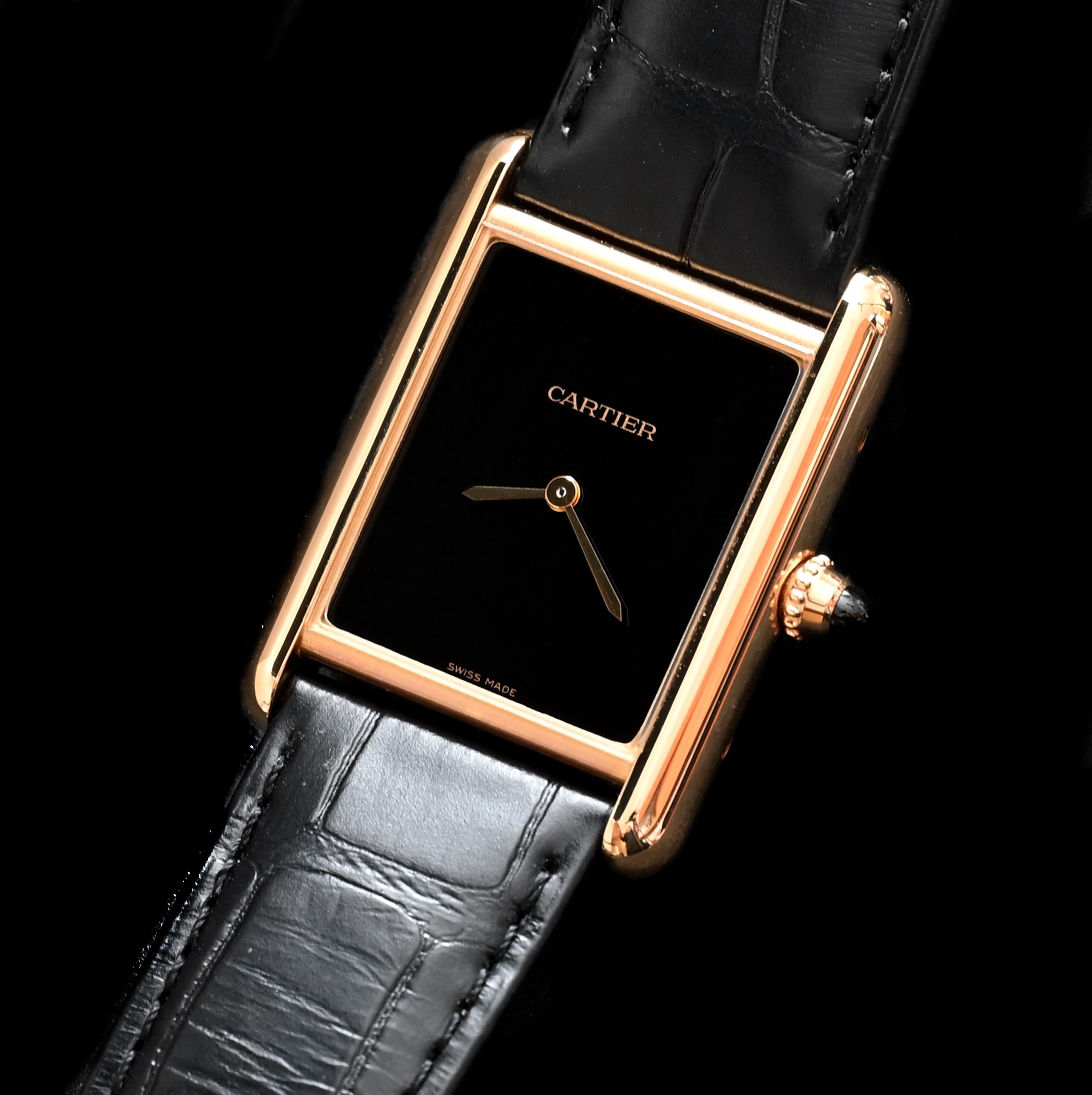 Cartier 18K YG Tank Louis Großes Modell Schwarzes Schweizer Zifferblatt Handaufzug (Kastenset) im Zustand „Gut“ in Central & Western District, HK