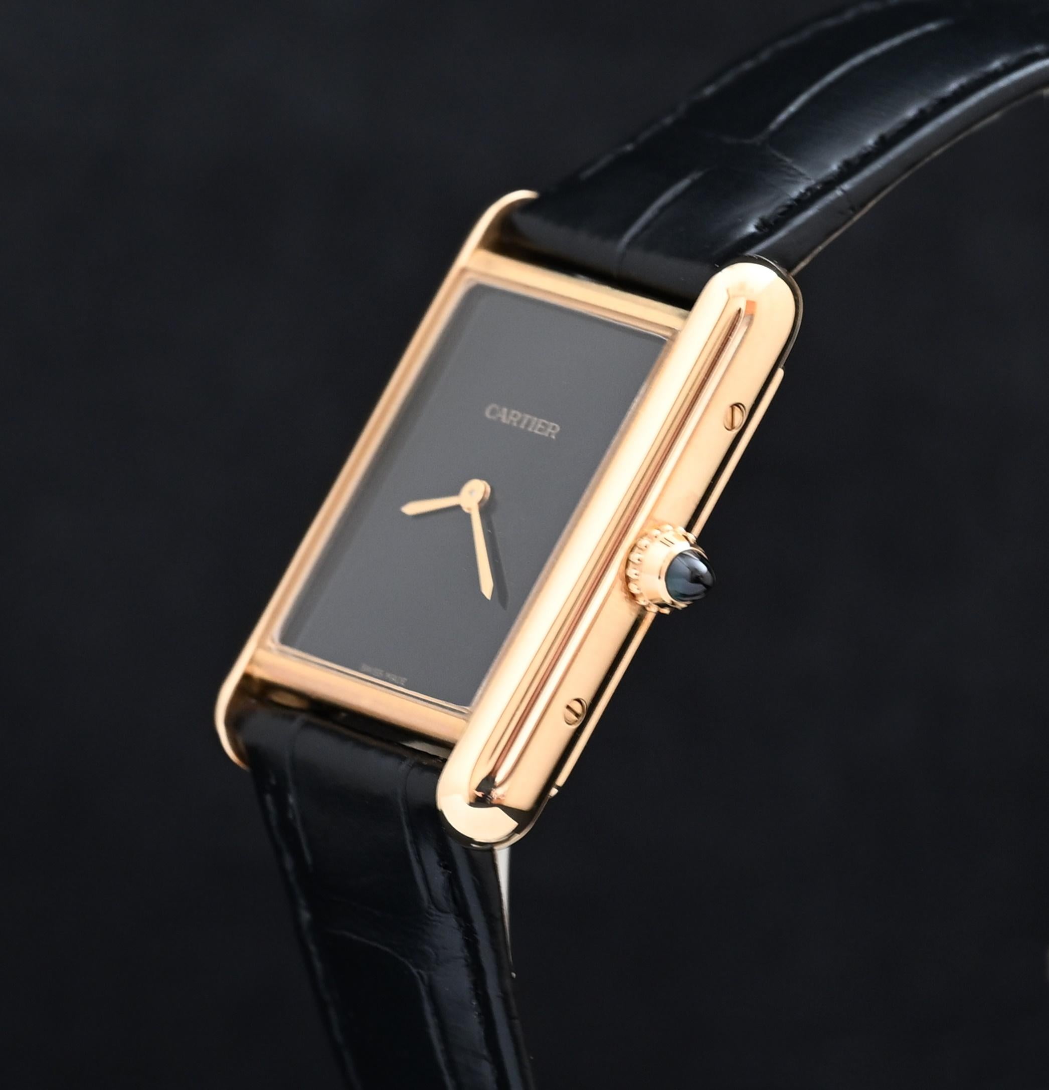 Cartier 18K YG Tank Louis Großes Modell Schwarzes Schweizer Zifferblatt Handaufzug (Kastenset) für Damen oder Herren