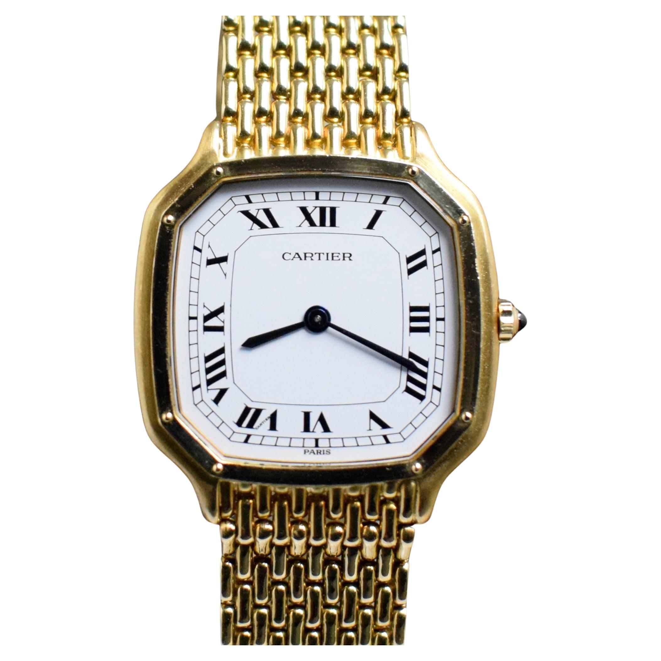 Cartier 18K YG Trianon Ultra Thin Paris Dial Large Size 96055 w/Bracelet, 1970s