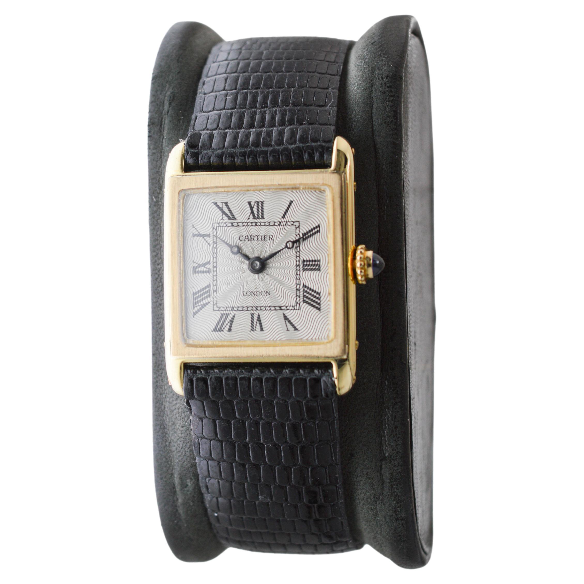 Art Deco Cartier 18Kt. Tank European Watch & Clock Co. w/ Engine Turned Dial 1920 / 30's For Sale