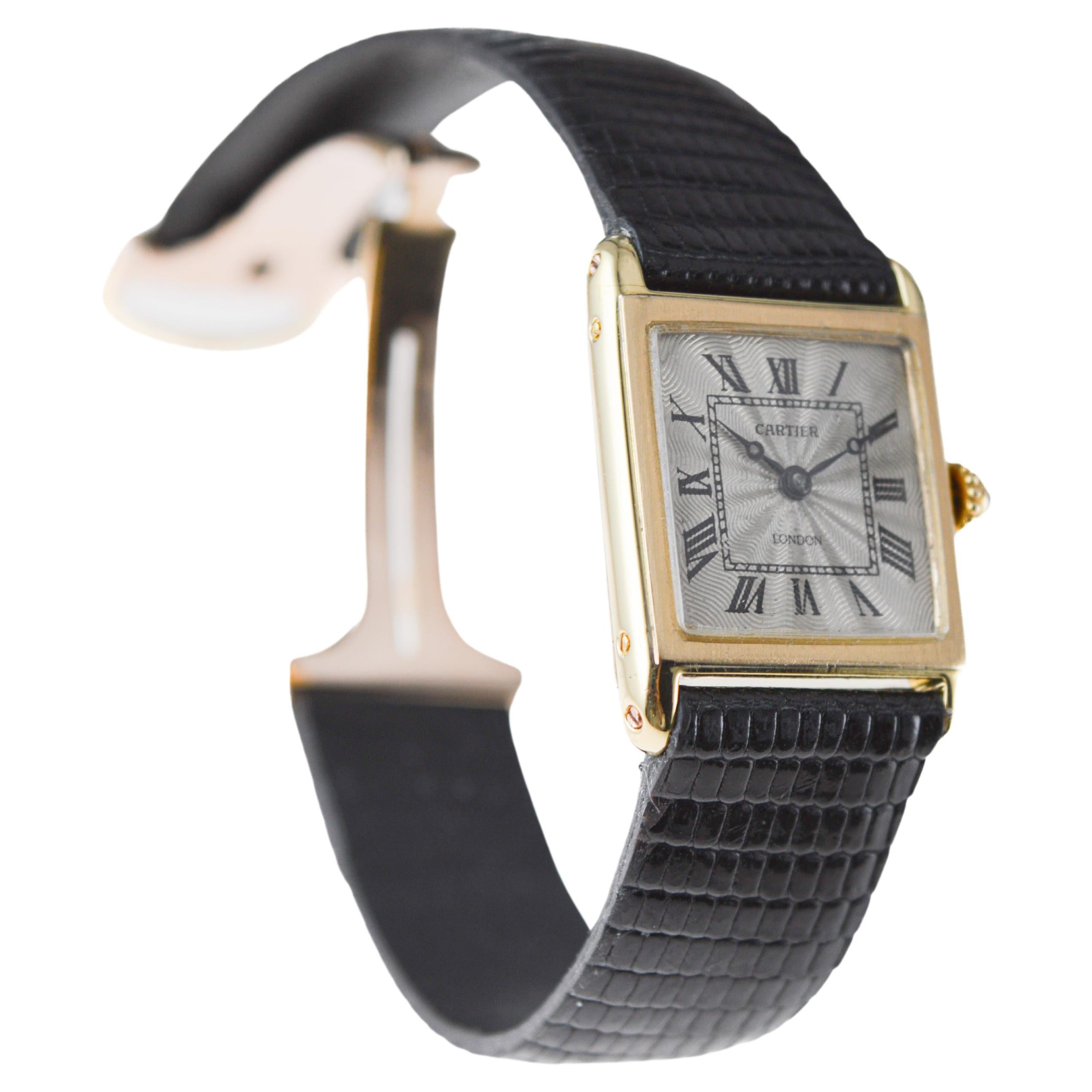 Cartier 18Kt. Tank European Watch & Clock Co. w/ Engine Turned Dial 1920 / 30's In Excellent Condition For Sale In Long Beach, CA