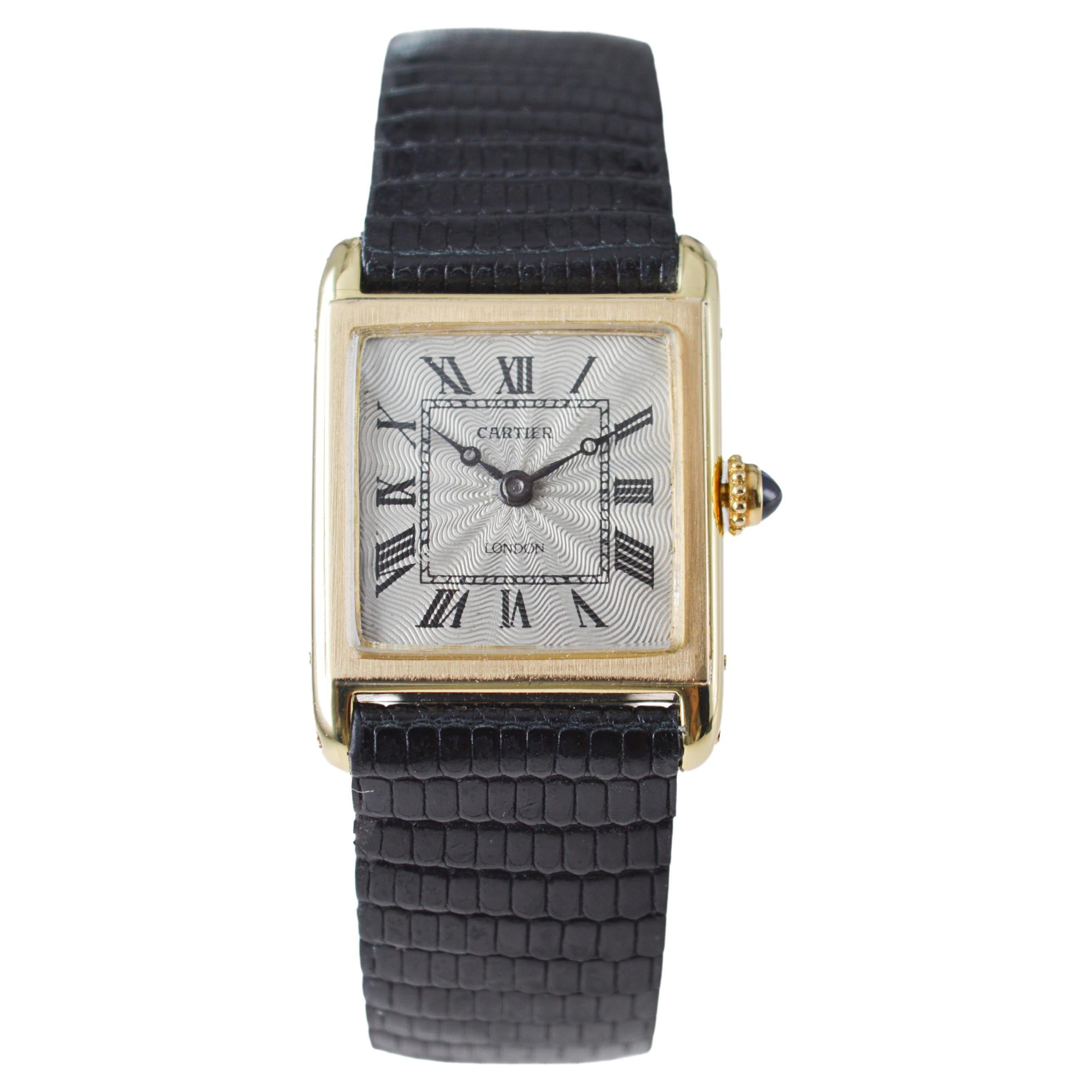 Women's or Men's Cartier 18Kt. Tank European Watch & Clock Co. w/ Engine Turned Dial 1920 / 30's For Sale